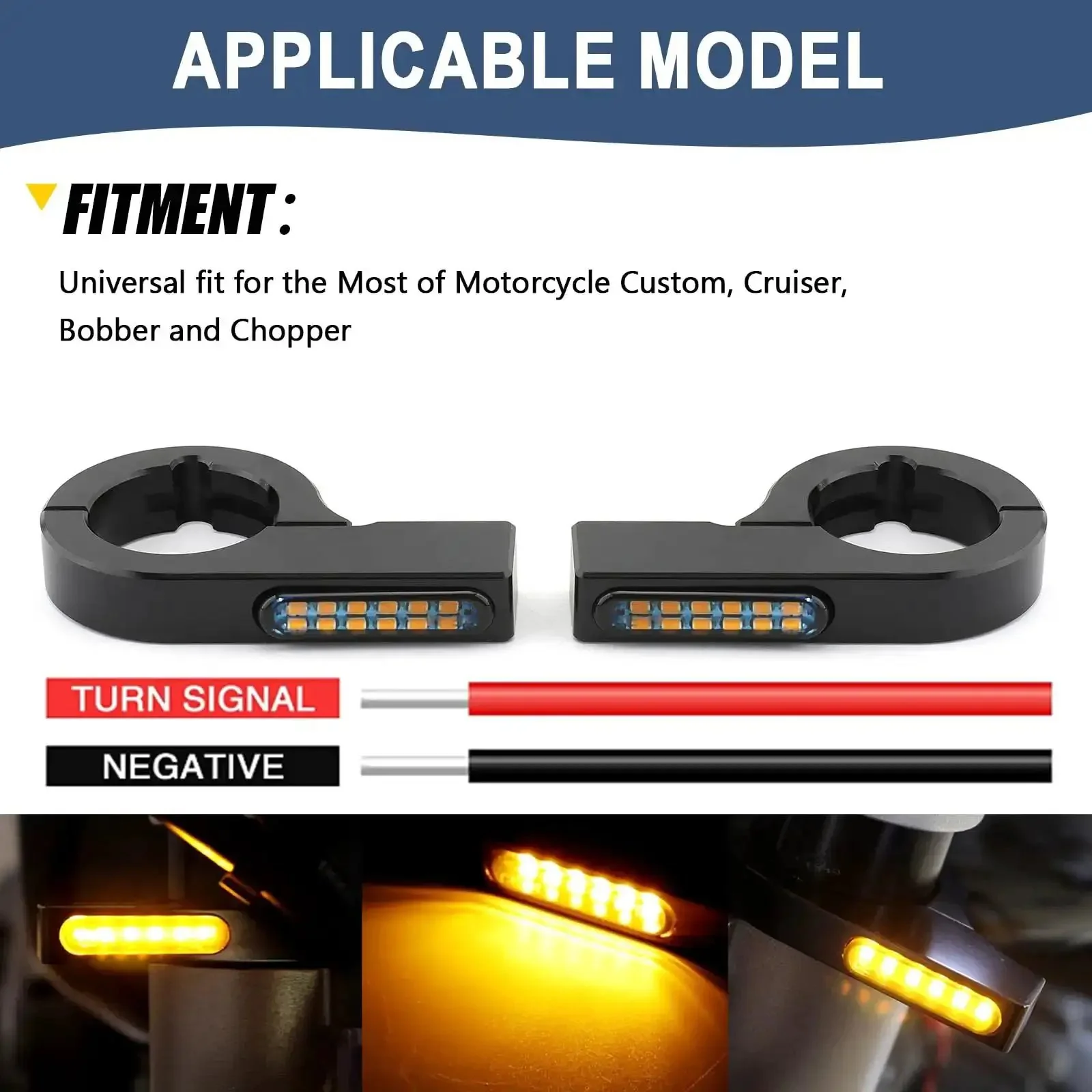Universal 43 46mm Front Fork LED Turn Signals for Motorcycles 12V Amber Indicator Lights with Clamps Easy Install for Cruisers Bobbers Cafe Racers Choppers Streetfighters and More - Image 7