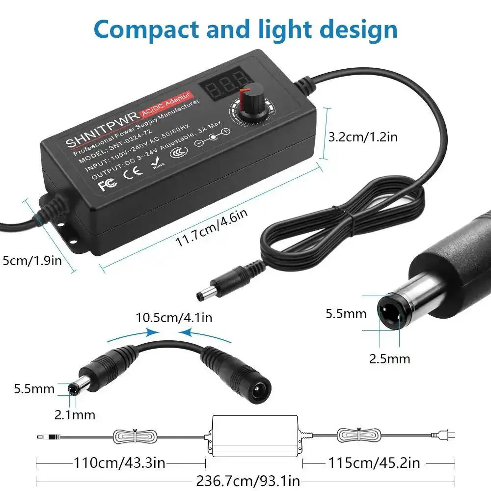 Universal 72W Power Supply With Adjustable 3V To 24V DC Output And 3A Cable, USB C PD 65W Fast Charger, 100V 240V AC To DC Converter, Variable Power Adapter, 14 Tip Set And Alligator Clip Cable, Perfect For Laptops And More - Image 5