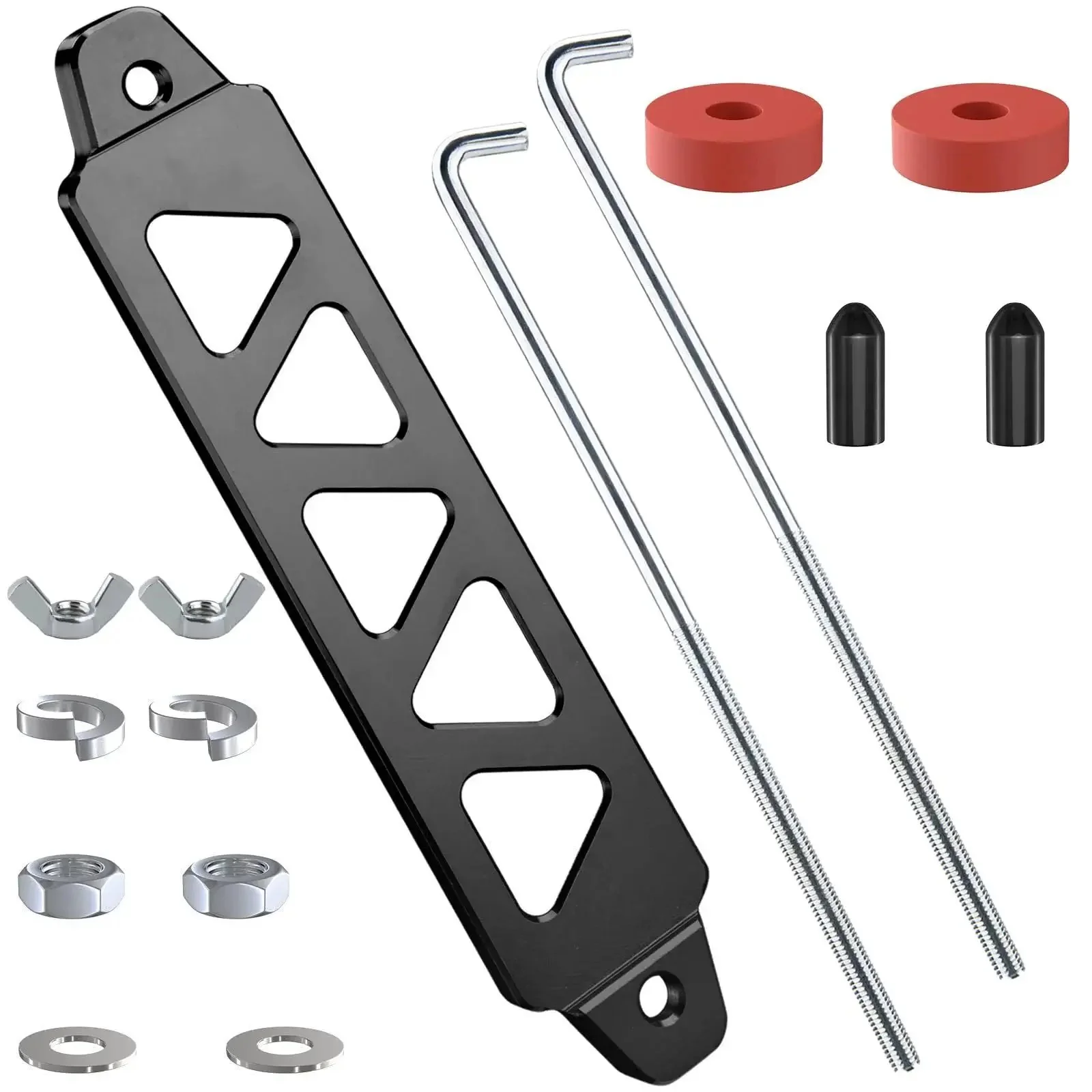 Universal 8.5 Inch Triangular Battery Hold Down Kit With Five Hole Bracket And J Bolts Aluminum Alloy Construction Tough As Nails Built To Last For Car SUV RV Battery Tie Down Mount Black