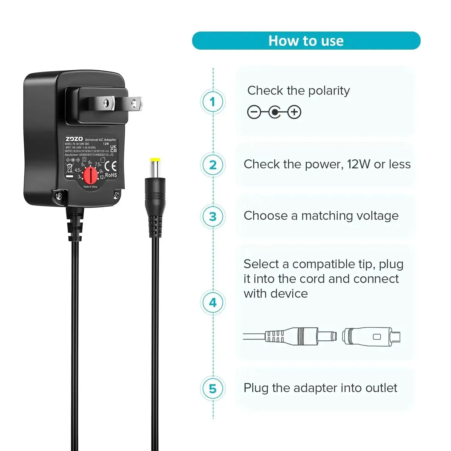 Universal AC DC Power Adapter 12W With 8 Tips 5.5x2.1mm And 5.5x2.5mm Micro USB Output For Routers, Speakers, CCTV Cameras, And LED Strip Lights A Safe Switching Power Supply For Your Home Gear - Image 2