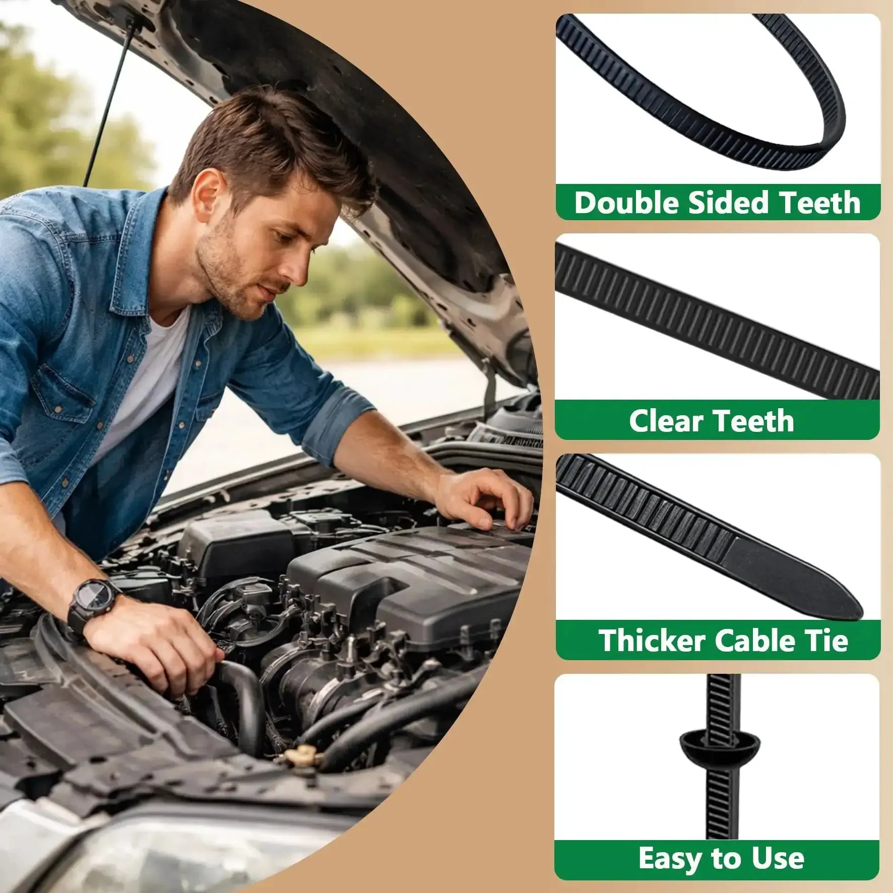 Universal Cable Tie Buckle Kit With 3.54 Inch And 6 Inch Zip Tie Clips And Zipper Clips Snap On Fasteners With Washers For Automotive Plastic Rivet Push Pins For Car Fender Bumper Splash Shield - Image 3