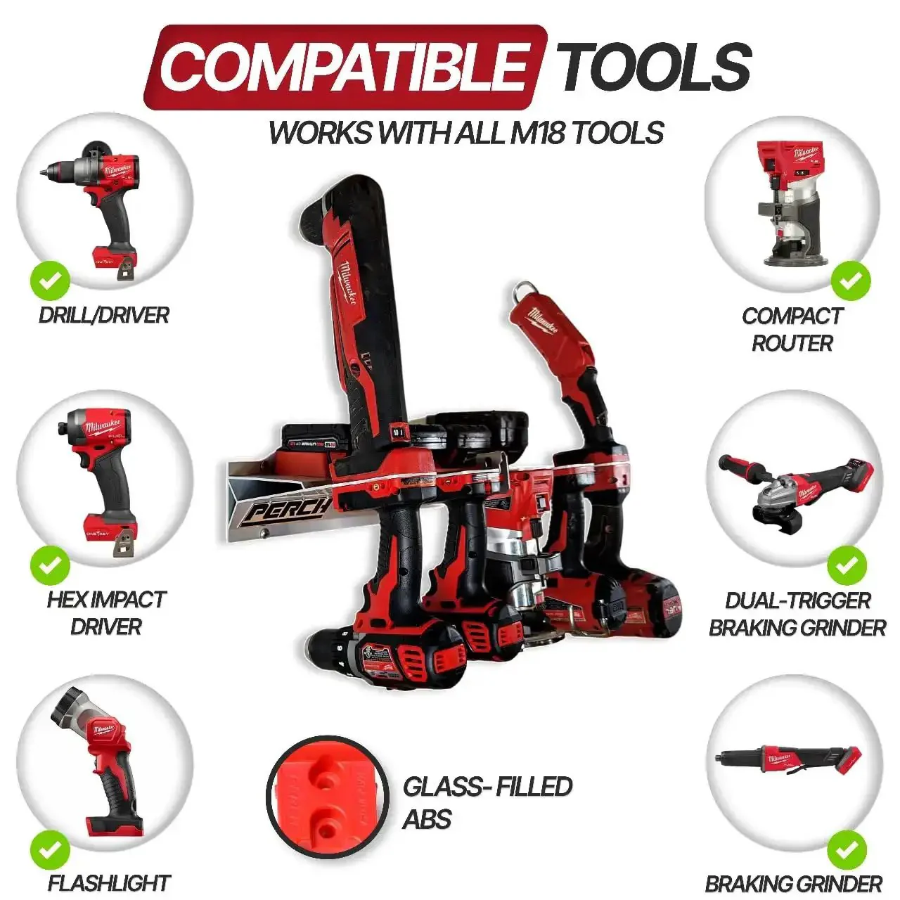 Universal M18 18V Tool Organizer Rack For Five Cordless Tools, Easy Mount Modular Holder For Drills, Impact Drivers, Jigsaws, Reciprocating Saws And More, Durable Cordless Tool Rack For Home Garage Shop - Image 4