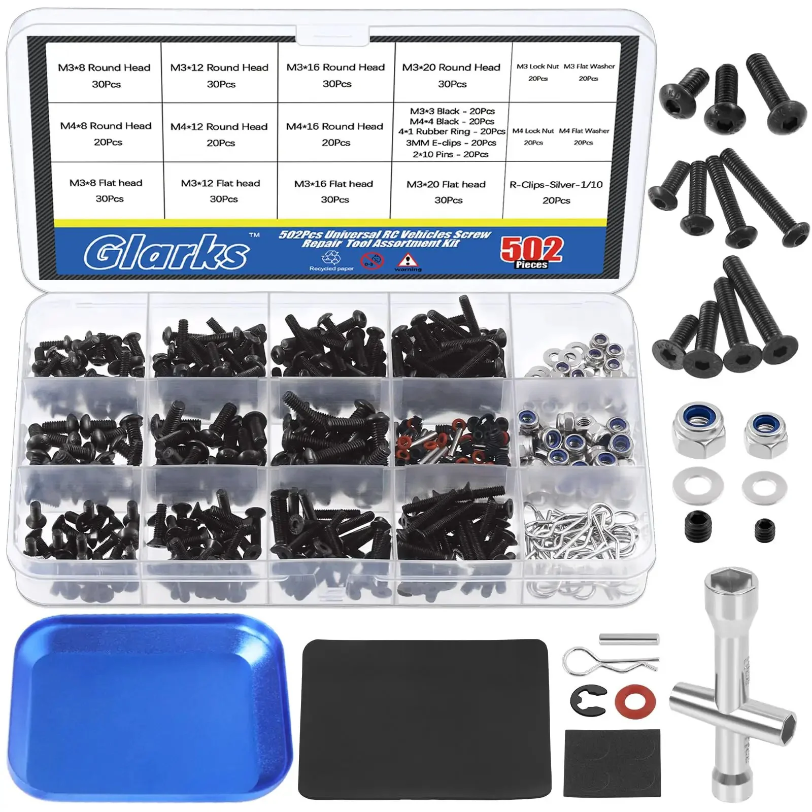 Universal RC Screw Kit 502 Pcs With Hex Button Head And Flat Head Screws Nuts Washers Grub Screws Dowels Clips O Rings E Clips Mini Socket Magnetic Screwdriver For Traxxas Axial Redcat HPI Arrma Losi 1 8 1 10 1 12 Scale
