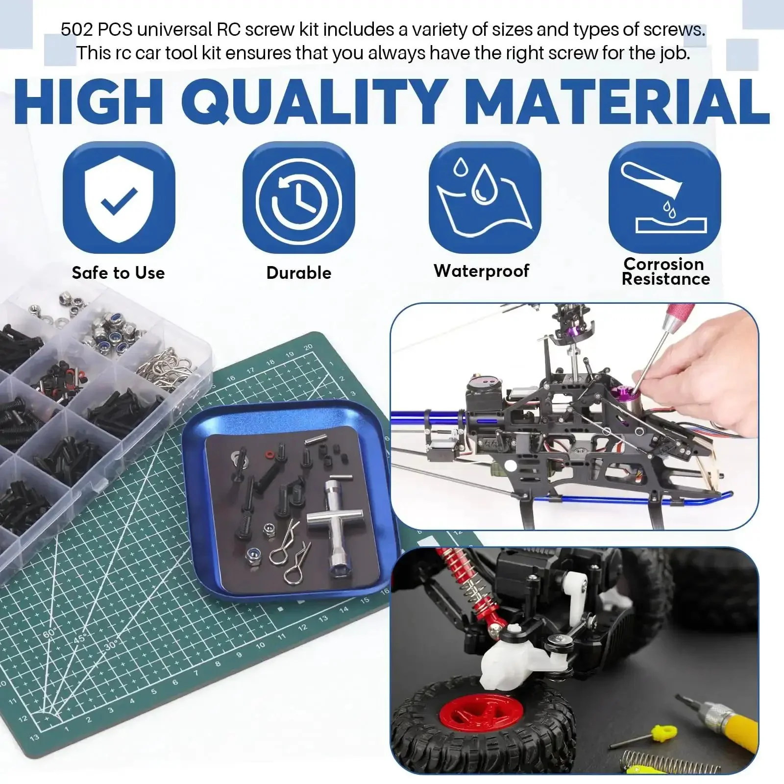 Universal RC Screw Kit 502 Pcs With Hex Button Head And Flat Head Screws Nuts Washers Grub Screws Dowels Clips O Rings E Clips Mini Socket Magnetic Screwdriver For Traxxas Axial Redcat HPI Arrma Losi 1 8 1 10 1 12 Scale - Image 5