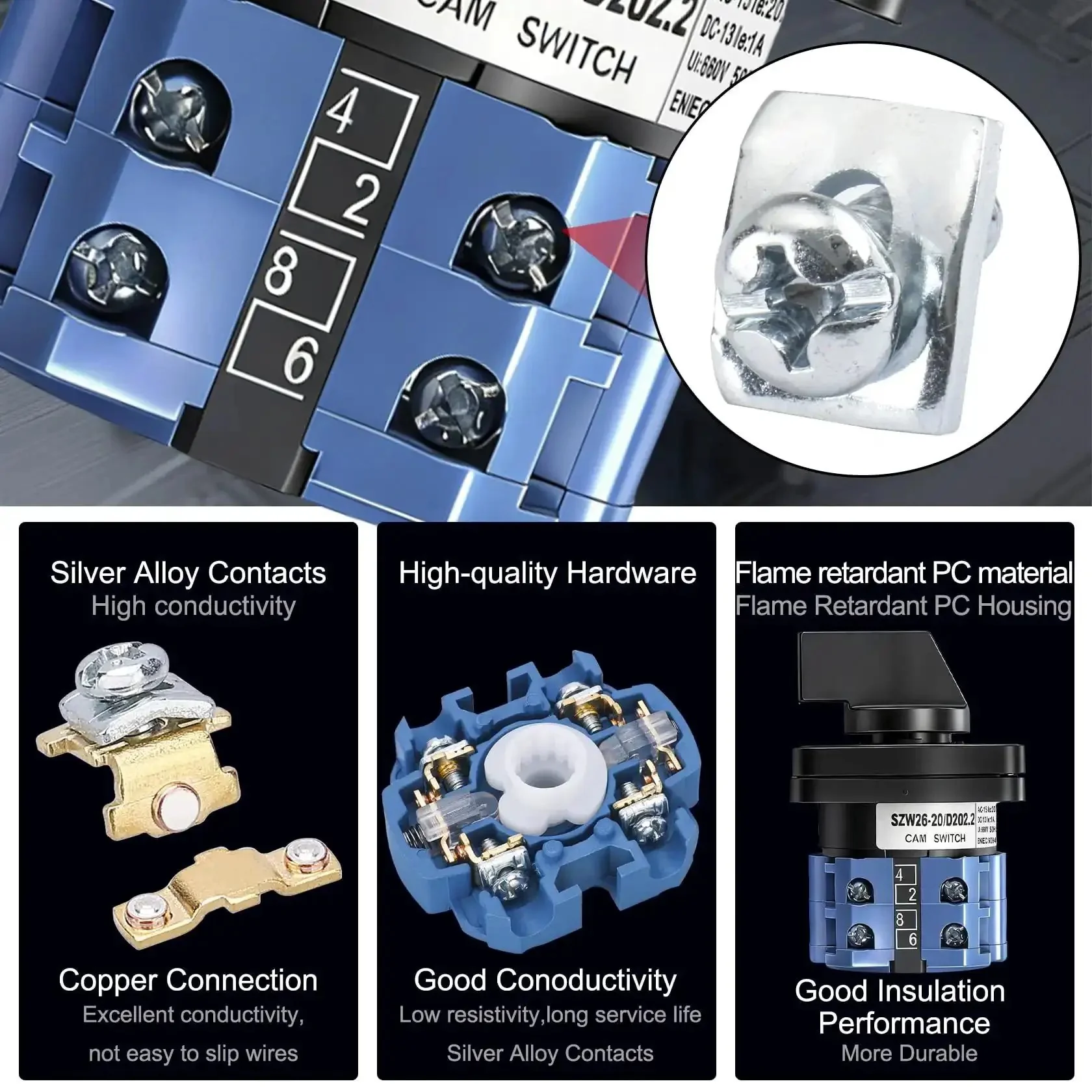 Universal Rotary Cam Selector Changeover Switch SZW26 20 D2022 660V 20A On Off On 3 Position 2 Phase 8 Terminals CE Industrial Grade Rugged Panel Mount Ready For Control Panel Applications - Image 6