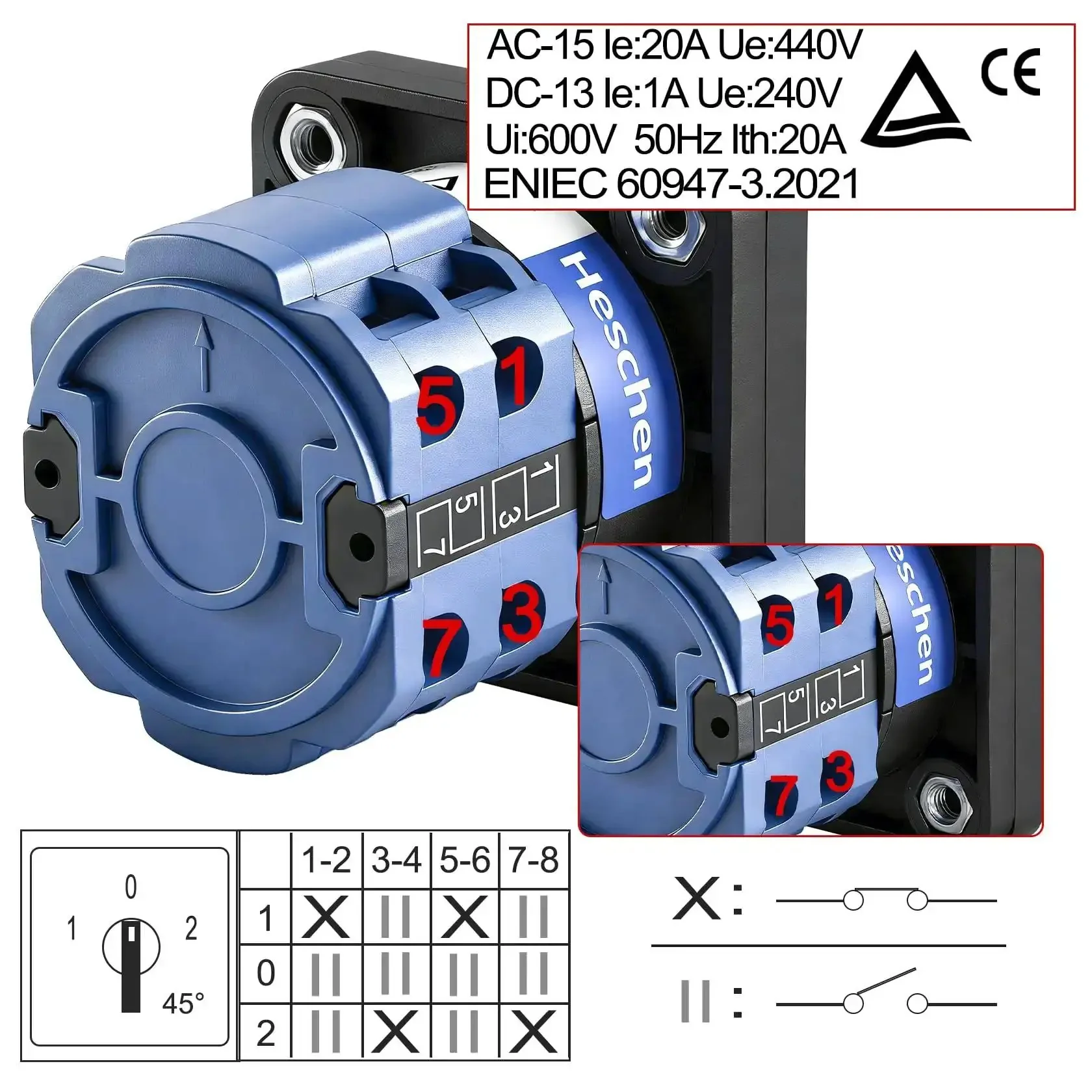 Universal Rotary Cam Selector Changeover Switch SZW26 20 D2022 660V 20A On Off On 3 Position 2 Phase 8 Terminals CE Industrial Grade Rugged Panel Mount Ready For Control Panel Applications - Image 8