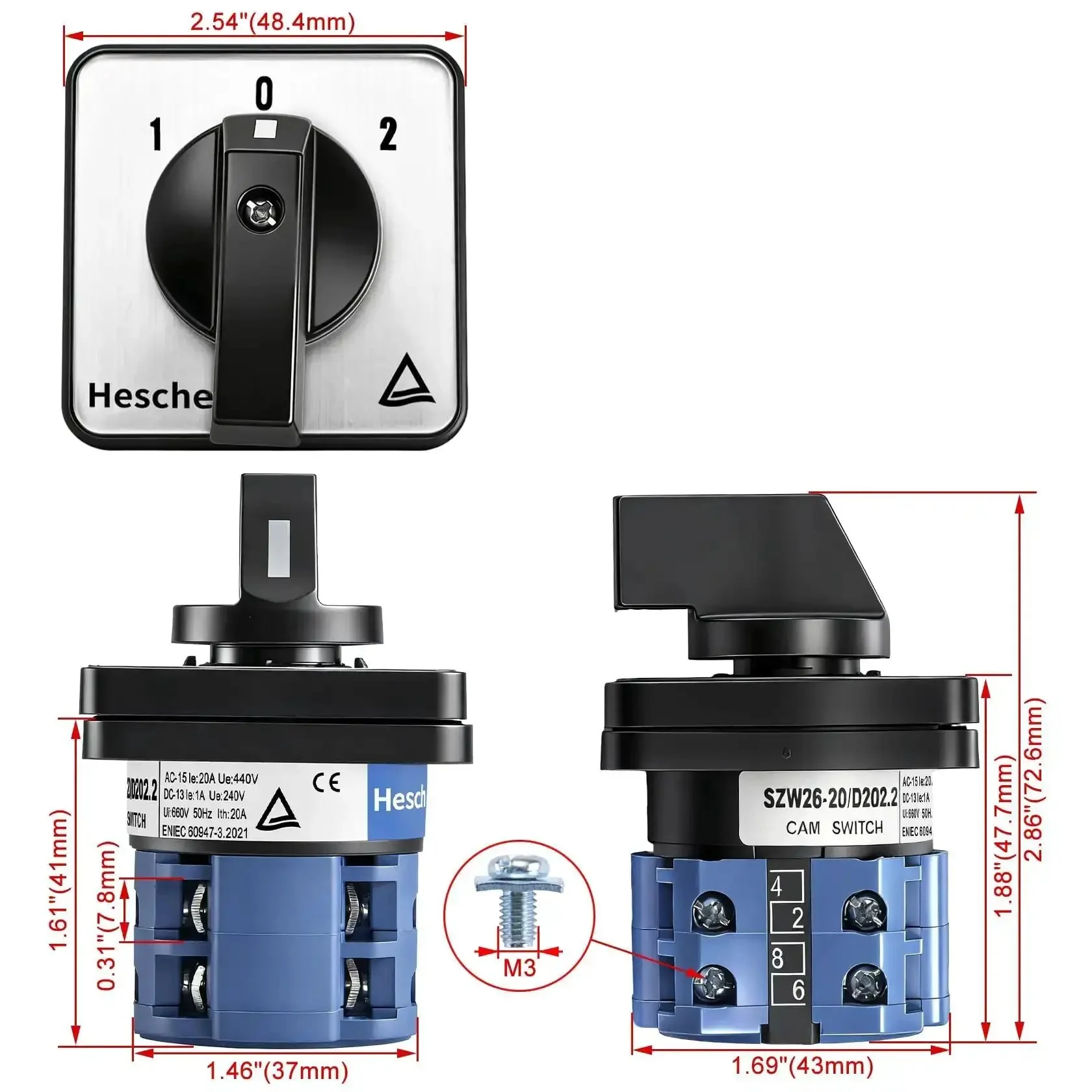 Universal Rotary Cam Selector Changeover Switch SZW26 20 D2022 660V 20A On Off On 3 Position 2 Phase 8 Terminals CE Industrial Grade Rugged Panel Mount Ready For Control Panel Applications - Image 9