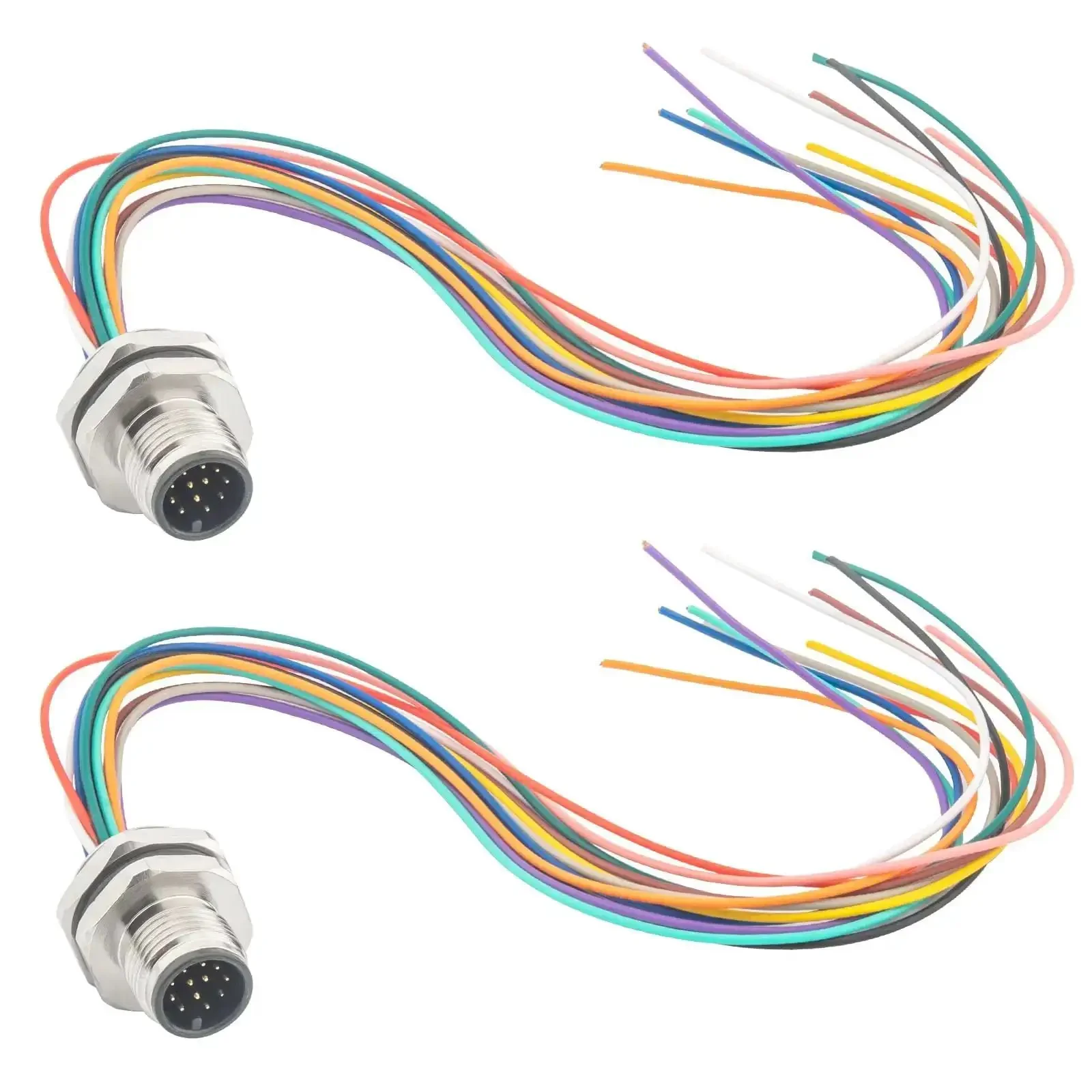 Unshielded M12 12-Pin A-Code Connector Cable, 0.2M Straight Back-Mount, IP67 Waterproof Aviation Sensor Lead, PVC Jacket, Screw-Joint, Trim-Ready Base, Two-Pack, 16mm Aviation Socket Compatibility