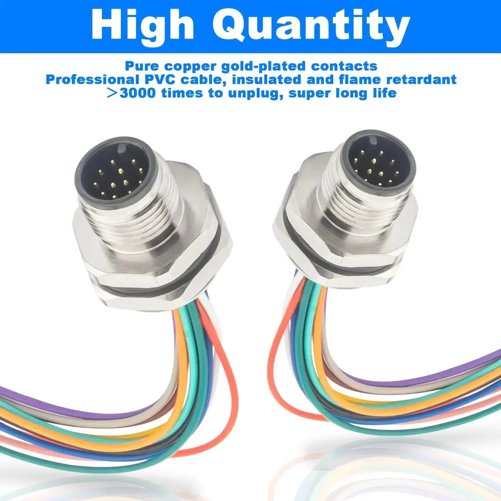 Unshielded M12 12-Pin A-Code Connector Cable, 0.2M Straight Back-Mount, IP67 Waterproof Aviation Sensor Lead, PVC Jacket, Screw-Joint, Trim-Ready Base, Two-Pack, 16mm Aviation Socket Compatibility - Image 7