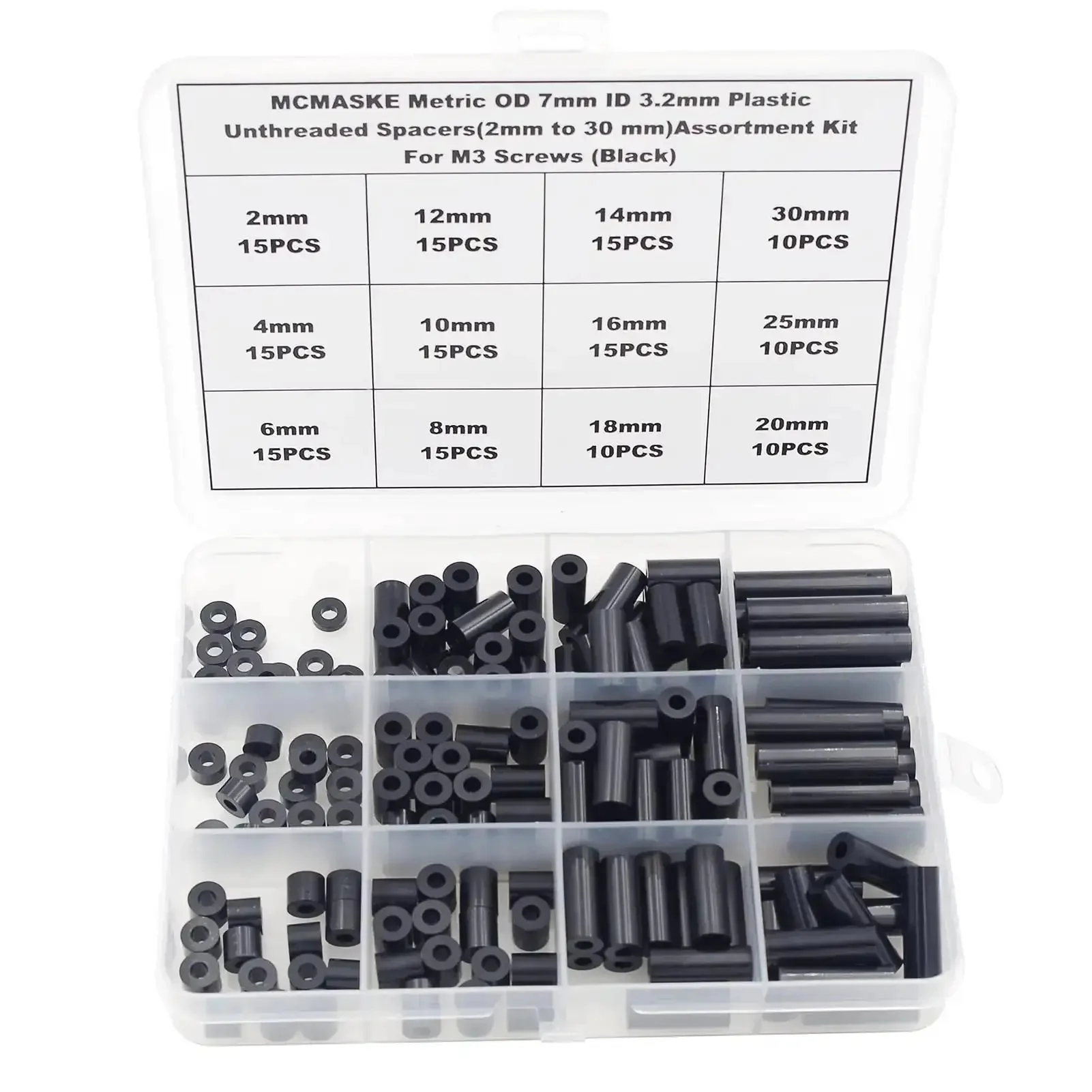 Unthreaded Metric Spacer Kit For M3 Screws 7mm OD 3.2mm ID Black ABS Round Spacers 12 Lengths From 2mm To 30mm Includes 4mm 6mm 8mm 15 Pieces Per Length Clearance Standoffs For DIY Builds
