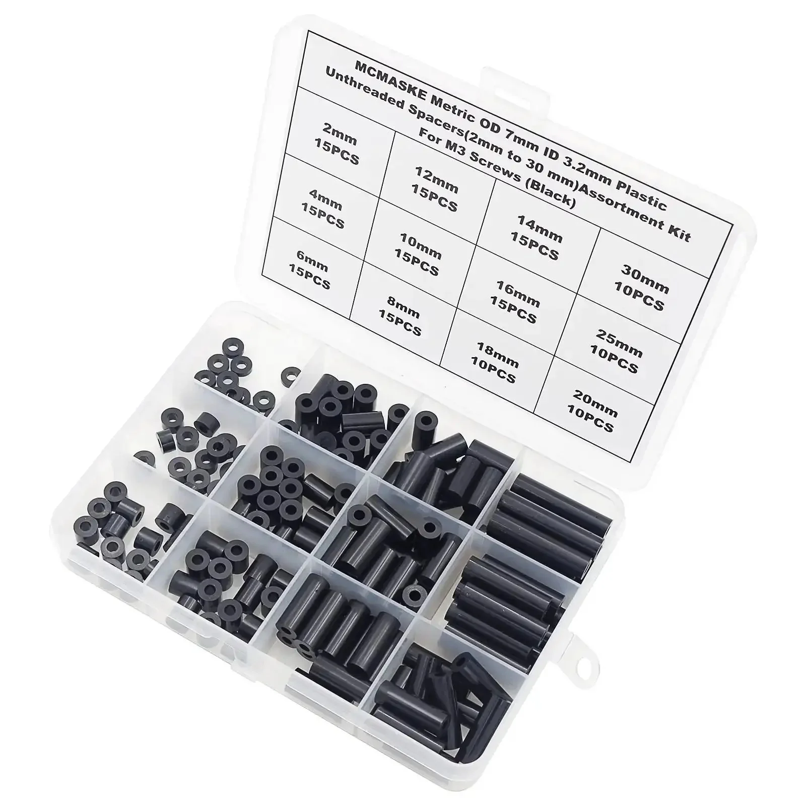 Unthreaded Metric Spacer Kit For M3 Screws 7mm OD 3.2mm ID Black ABS Round Spacers 12 Lengths From 2mm To 30mm Includes 4mm 6mm 8mm 15 Pieces Per Length Clearance Standoffs For DIY Builds - Image 4
