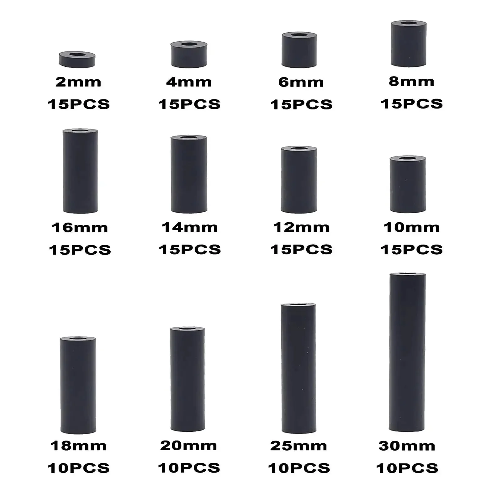 Unthreaded Metric Spacer Kit For M3 Screws 7mm OD 3.2mm ID Black ABS Round Spacers 12 Lengths From 2mm To 30mm Includes 4mm 6mm 8mm 15 Pieces Per Length Clearance Standoffs For DIY Builds - Image 5