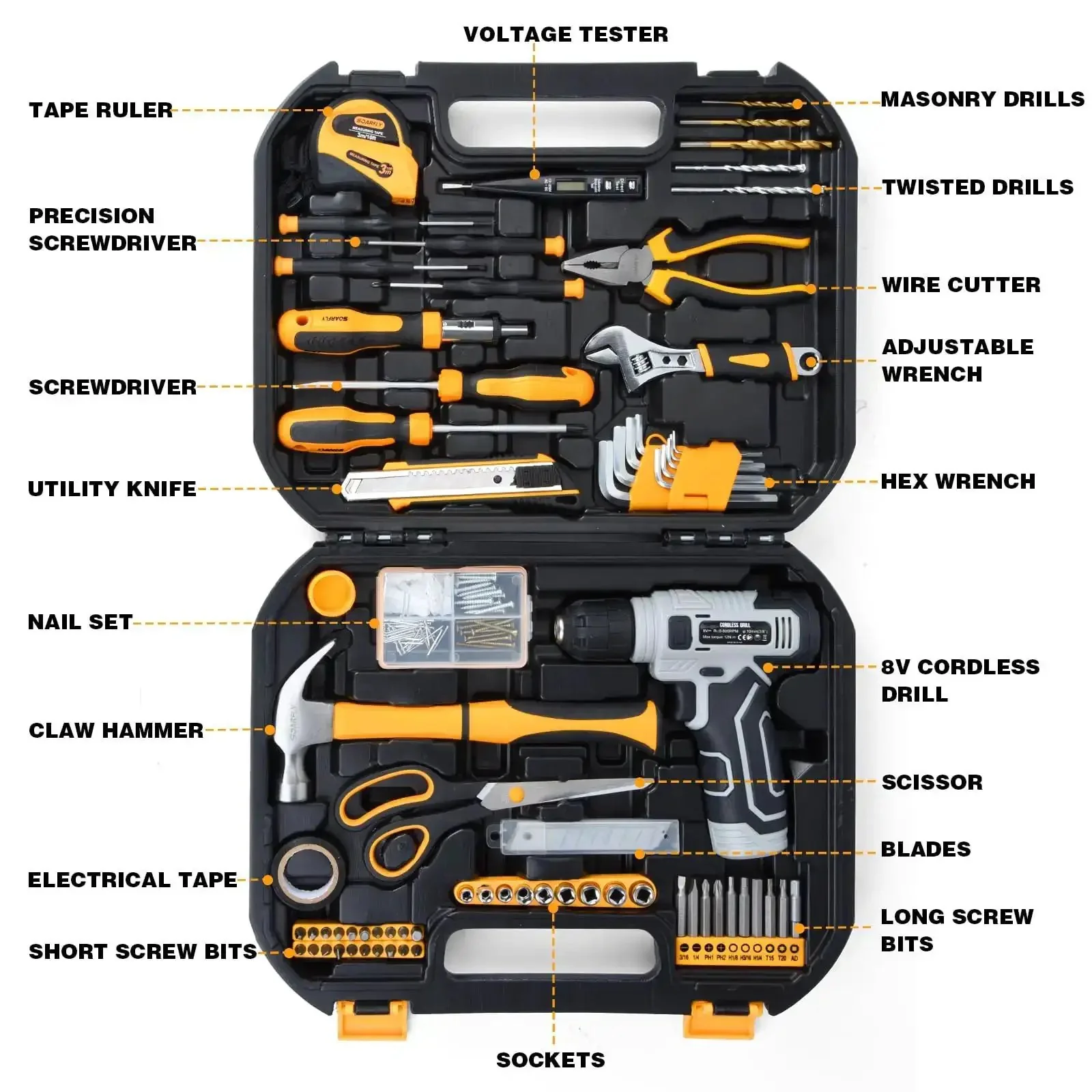 Upgradd 180 Piece Tool Set With 8V Cordless Drill Lightweight Home Repair Kit For DIYers Homeowners And Handymen Includes Hand Tools Screwdrivers Bit Set Wrench Pliers And More For Quick Fixes At Home And On The Job Grab And Go Convenience - Image 9