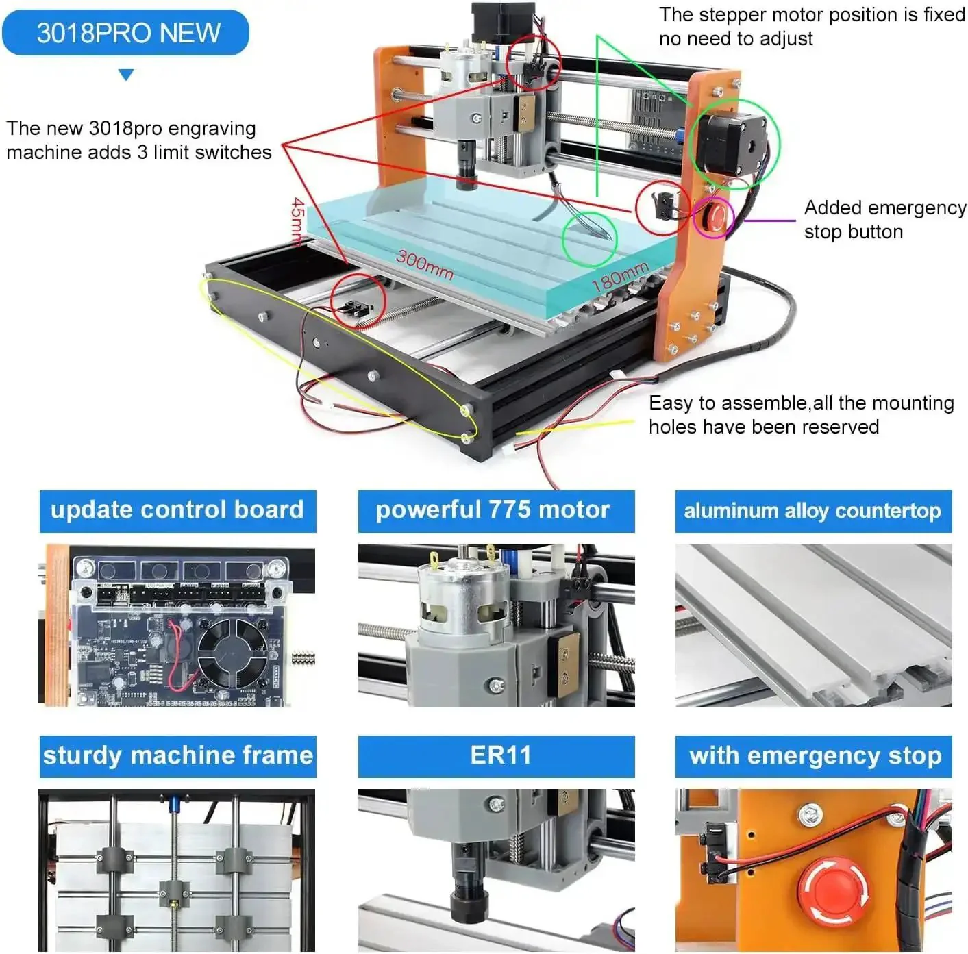 Upgraded 3018 Pro CNC Router Kit With Offline Controller E Stop XYZ Limit Switches 3 Axis Precision DIY Desktop Engraving For Wood Acrylic PVC And PCB Milling On Sturdy Aluminum Frame - Image 8