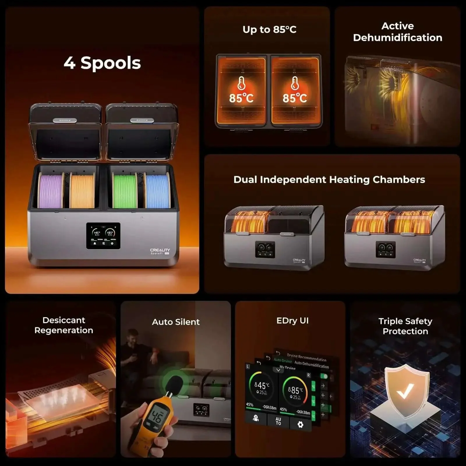 Upgraded Filament Dryer For Four Spools With Space Pi X4 Filament Storage Box And Dual Independent Heating Chambers Up To 85C Compatible With PLA PETG ABS TPU PC PA PAHT Dry And Print Four Spools At Once - Image 9