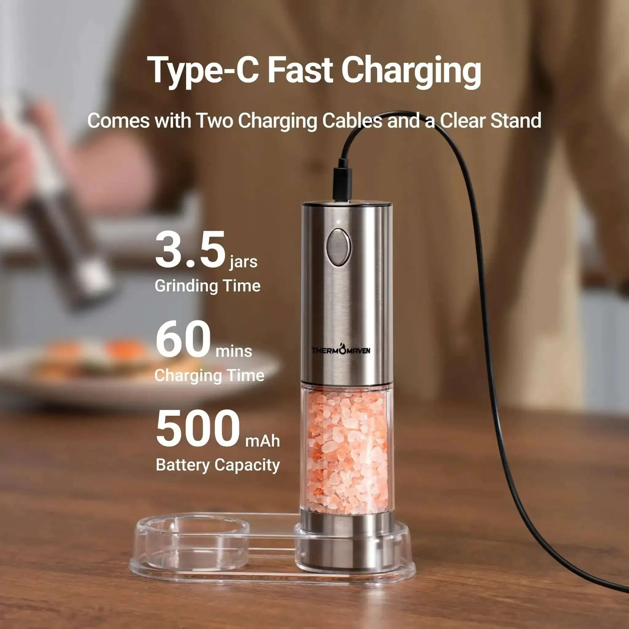 Upgraded Large Capacity Electric Salt And Pepper Grinder Set Game Changer 110ml Rechargeable With LED Light Stainless Steel Auto Pepper Mill Six Adjustable Coarseness Levels For Home Kitchen Dining - Image 5