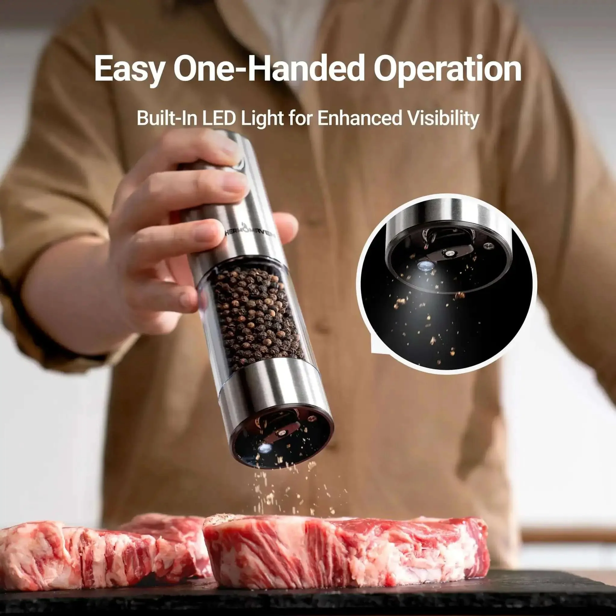 Upgraded Large Capacity Electric Salt And Pepper Grinder Set Game Changer 110ml Rechargeable With LED Light Stainless Steel Auto Pepper Mill Six Adjustable Coarseness Levels For Home Kitchen Dining - Image 7