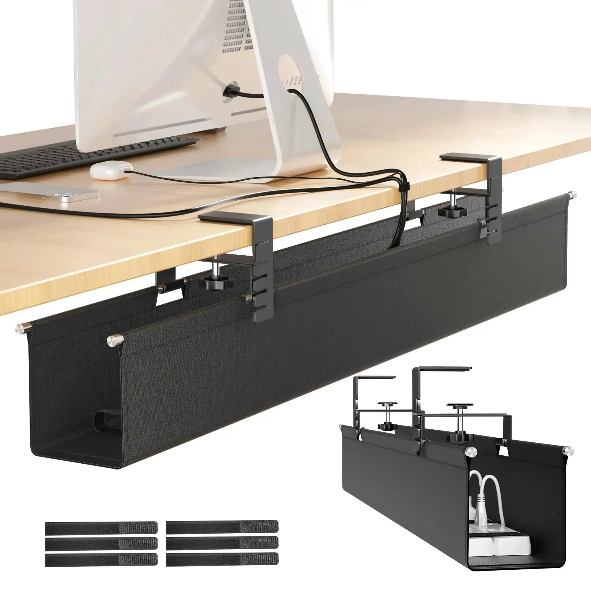 Upgraded No Drill Under Desk Cable Management Tray With Fabric Cord Hider 28.4 Inch Wire Organizer For Office And Home Black Hides All Wires Keeps Desk Clean Supports Up To 30lbs