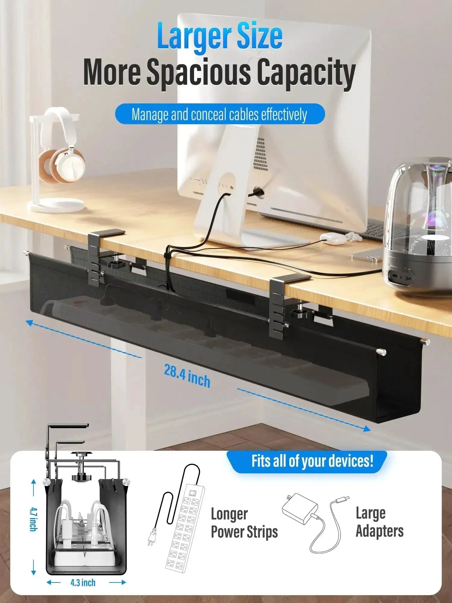Upgraded No Drill Under Desk Cable Management Tray With Fabric Cord Hider 28.4 Inch Wire Organizer For Office And Home Black Hides All Wires Keeps Desk Clean Supports Up To 30lbs - Image 3