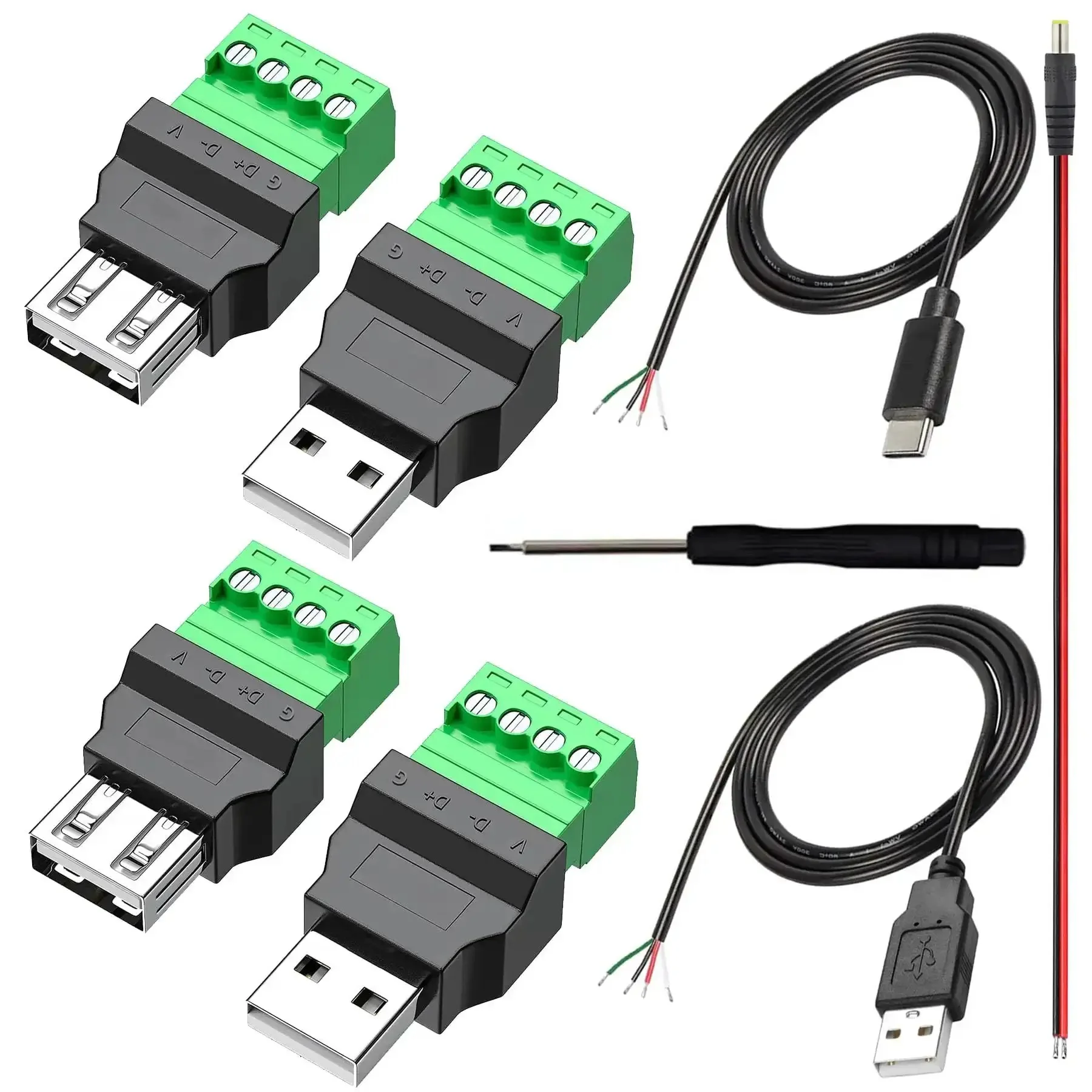 USB 2.0 Type A To 4 Pin Terminal Block Connector Adapter Pack, Plug And Play Portable Converter For Testing Electronics, Dual Male And Female, 300V 8A, Nickel Plated Contacts, Great For Keyboard, Mouse, Camera, Printer, U Disk