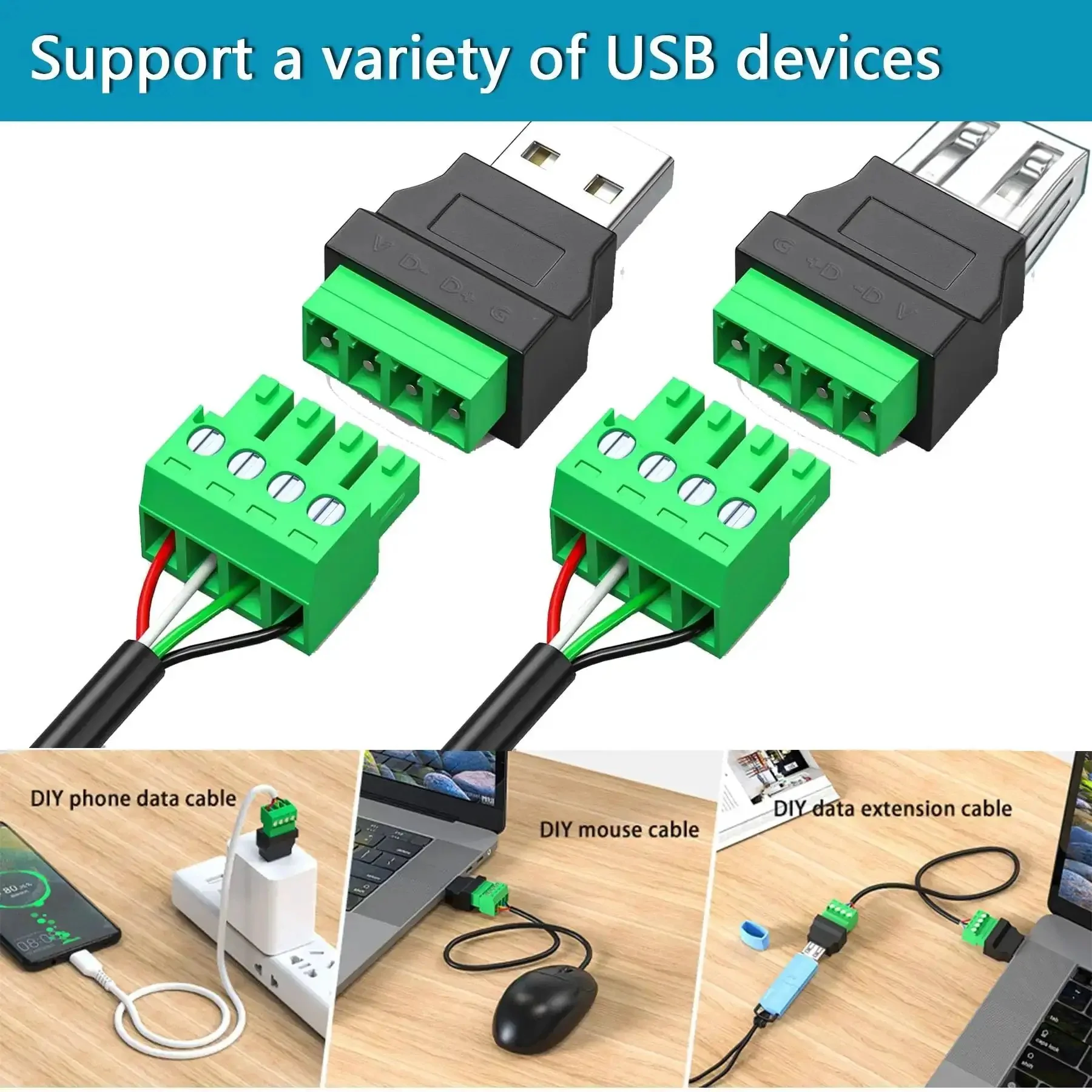 USB 2.0 Type A To 4 Pin Terminal Block Connector Adapter Pack, Plug And Play Portable Converter For Testing Electronics, Dual Male And Female, 300V 8A, Nickel Plated Contacts, Great For Keyboard, Mouse, Camera, Printer, U Disk - Image 4