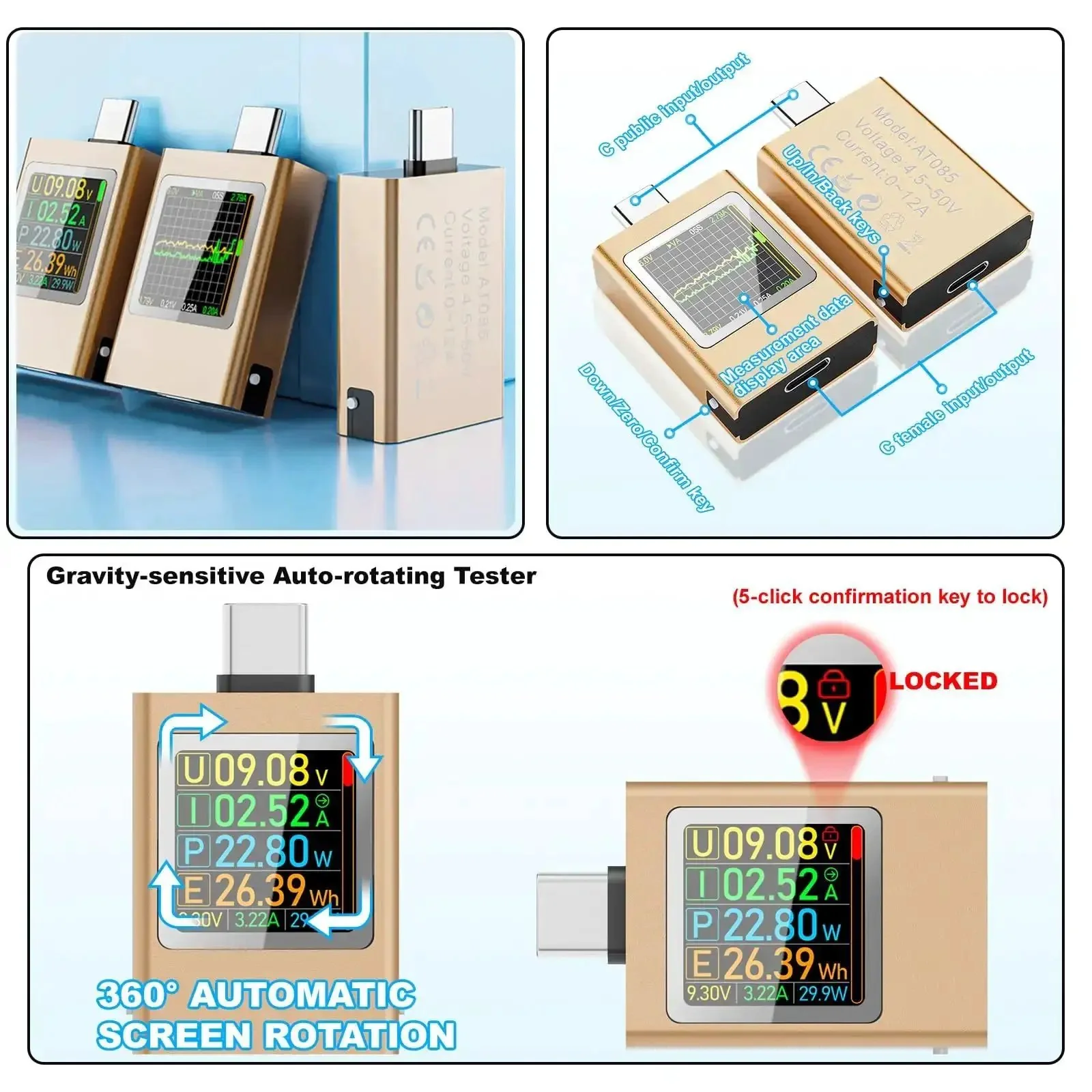 USB C Power Meter Tester For Gearheads With PD3.1 48V PPS QC2.0 QC3.0 FCP VOOC Multiprotocol USB C Voltmeter Amp Meter For Chargers And Cables, Reads Voltage Current And Power From 4.5 To 50V And 0 To 12A - Image 6