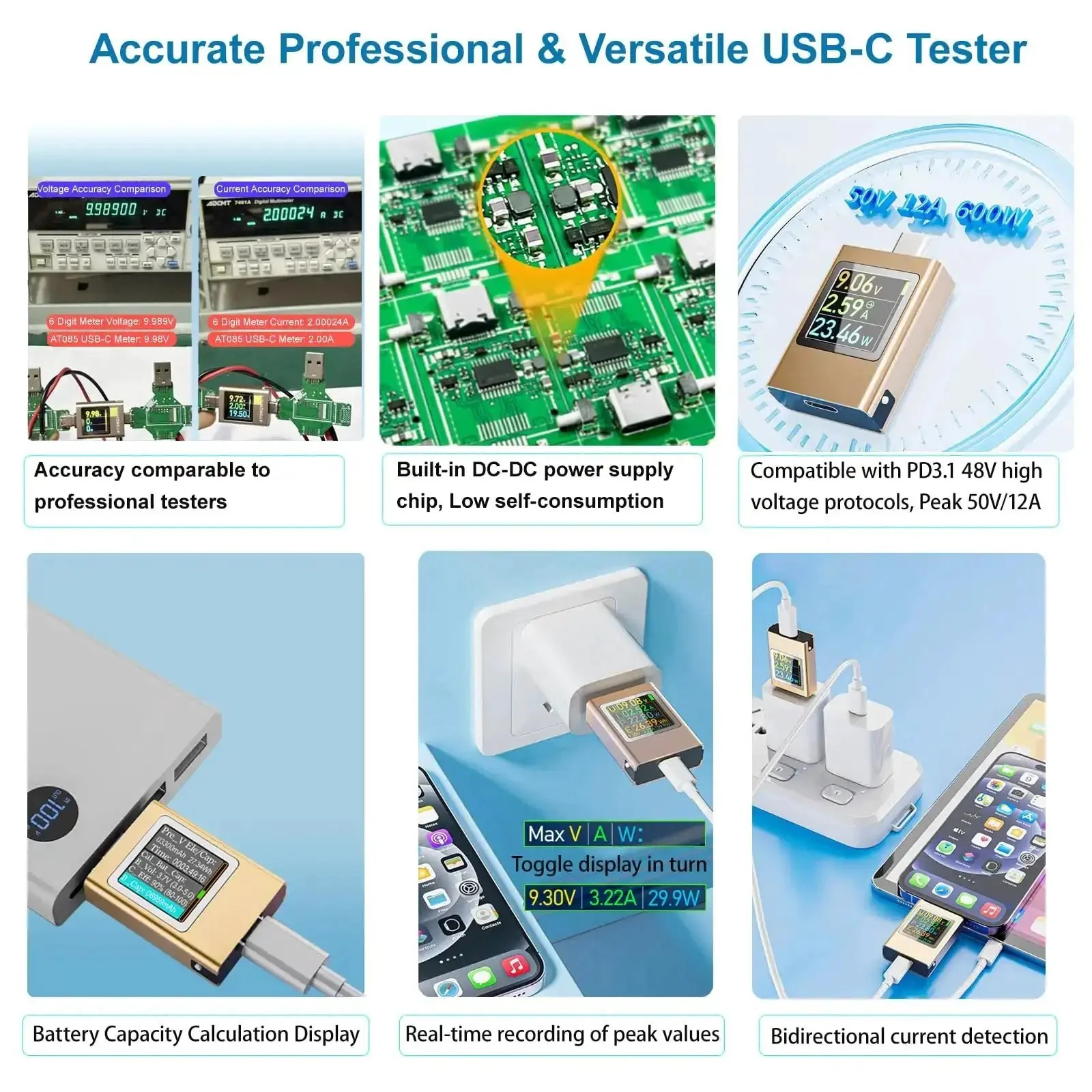 USB C Power Meter Tester For Gearheads With PD3.1 48V PPS QC2.0 QC3.0 FCP VOOC Multiprotocol USB C Voltmeter Amp Meter For Chargers And Cables, Reads Voltage Current And Power From 4.5 To 50V And 0 To 12A - Image 8