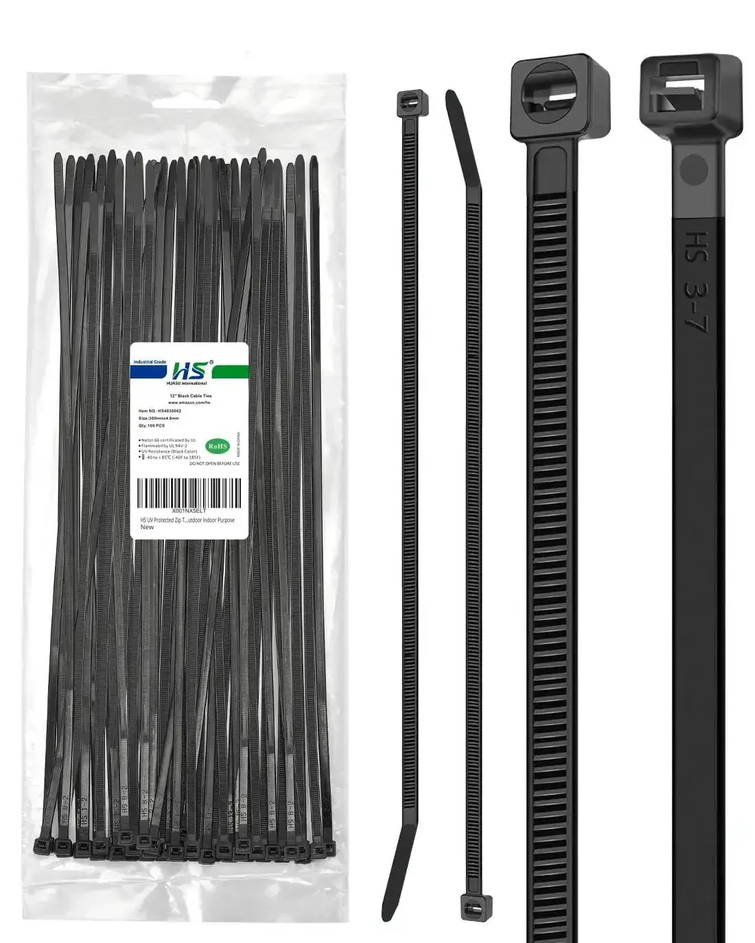 UV Protected Zip Ties 12 Inch 100 Pack Self Locking Nylon Cable Ties Black Heavy Duty For Indoor Outdoor Use Up To 70 Lbs Tensile Strength 4.8 Millimeter Wide 3.23 Inch Bundle Diameter