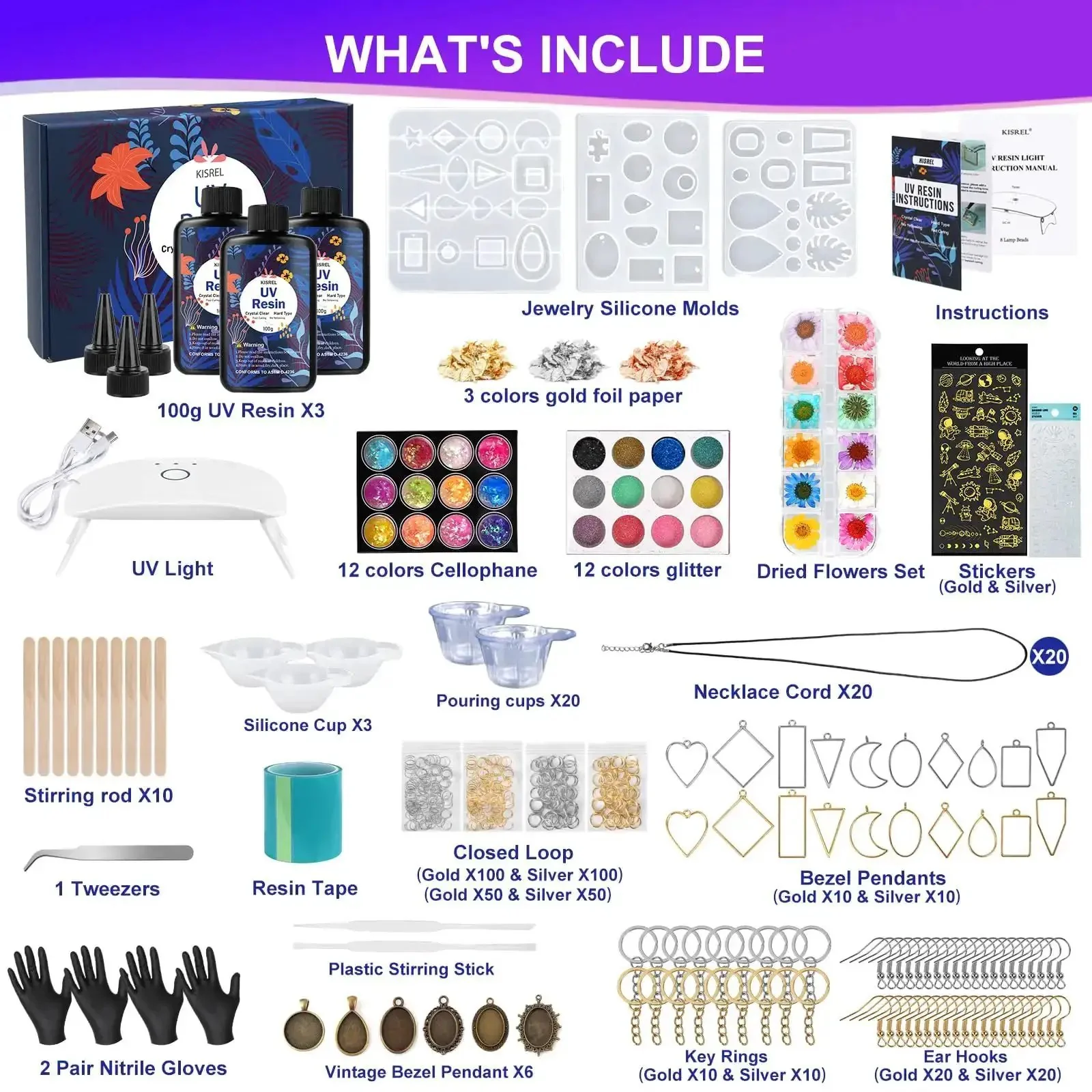 UV Resin Jewelry Kit With 300G Crystal Clear Resin, UV Lamp, Molds, Glitter, Foil, Paper And Flowers All In One DIY Starter Kit For Keychains And Earrings - Image 6