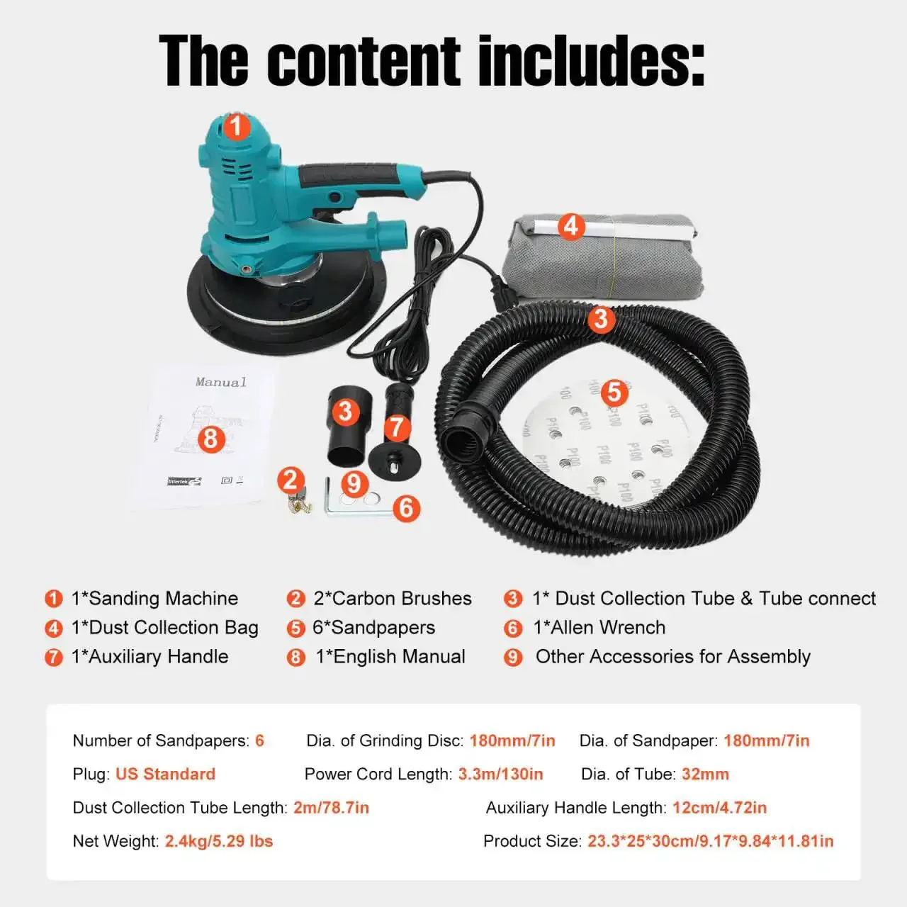 Variable Speed Handheld Electric Drywall Sander With Automatic Vacuum System And Dust Hose, Collection Bag, LED Light, Pro Grade Sander With 6 Sanding Discs And 130 Inch Power Cord - Image 6