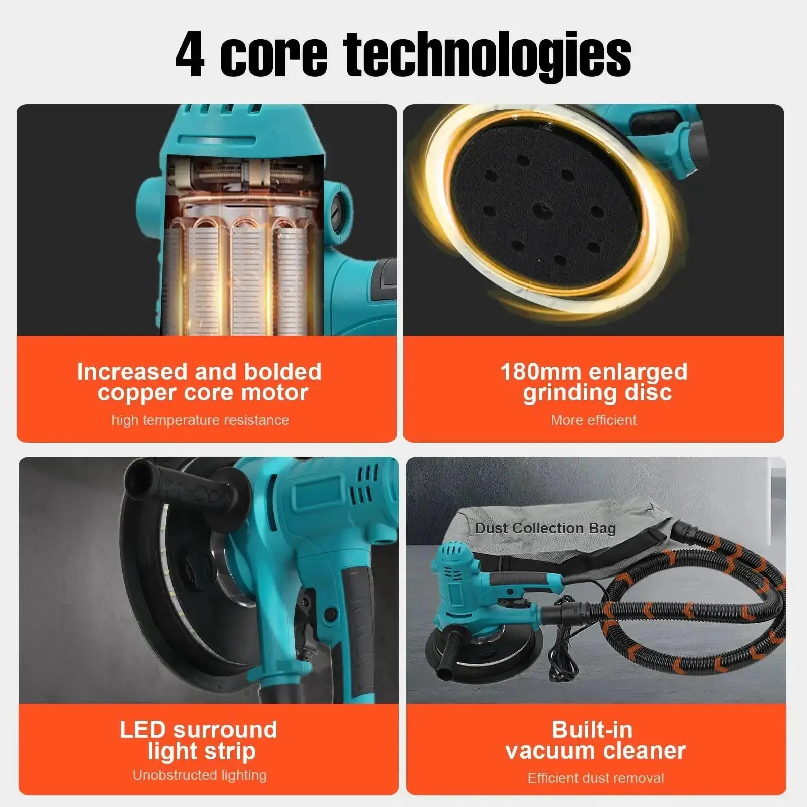 Variable Speed Handheld Electric Drywall Sander With Automatic Vacuum System And Dust Hose, Collection Bag, LED Light, Pro Grade Sander With 6 Sanding Discs And 130 Inch Power Cord - Image 8