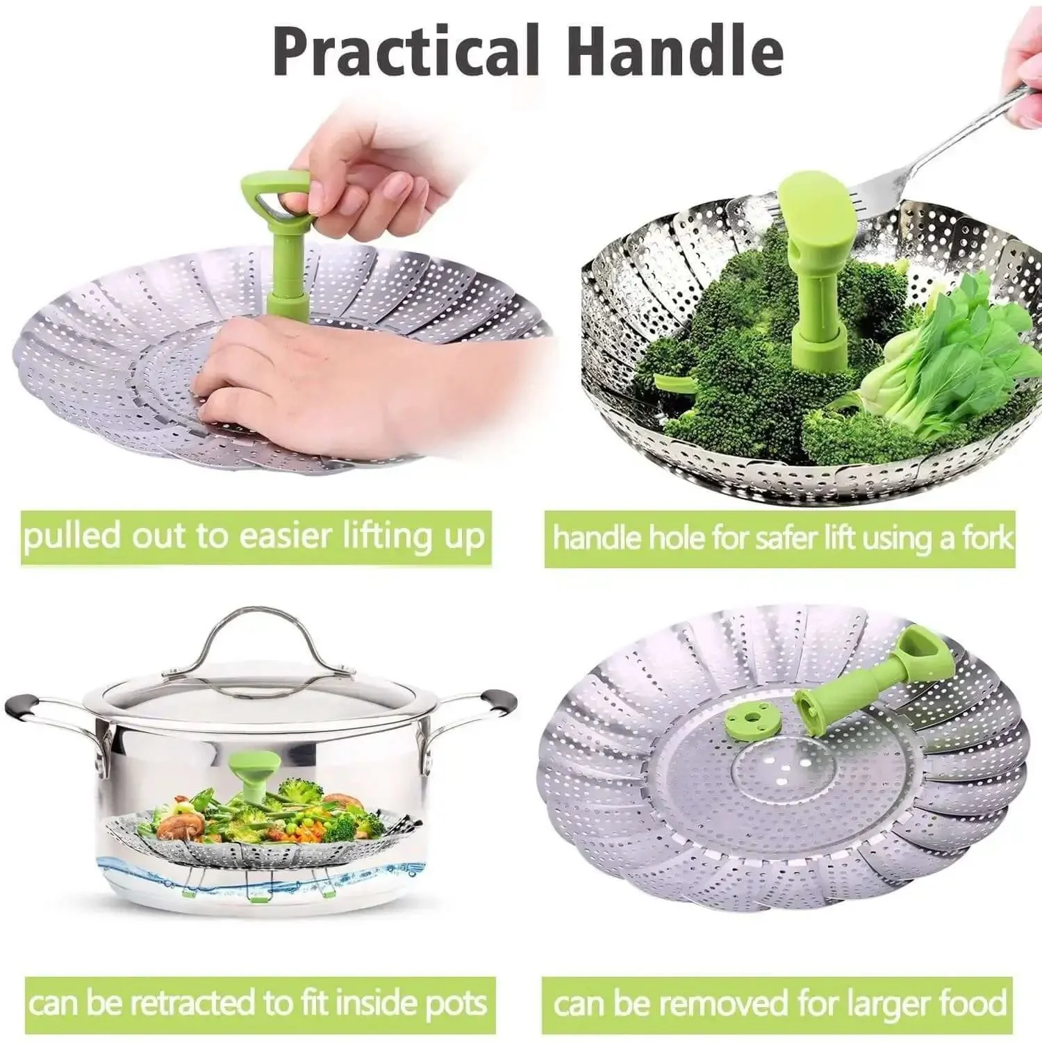 Vegetable Steamer Basket For Cooking Stainless Steel Folding Expandable Steaming Insert With Extendable Handle Fits Pots 5.1 To 9 Inches Non Rust Easy Clean Healthier Meals And Even Cooking - Image 7