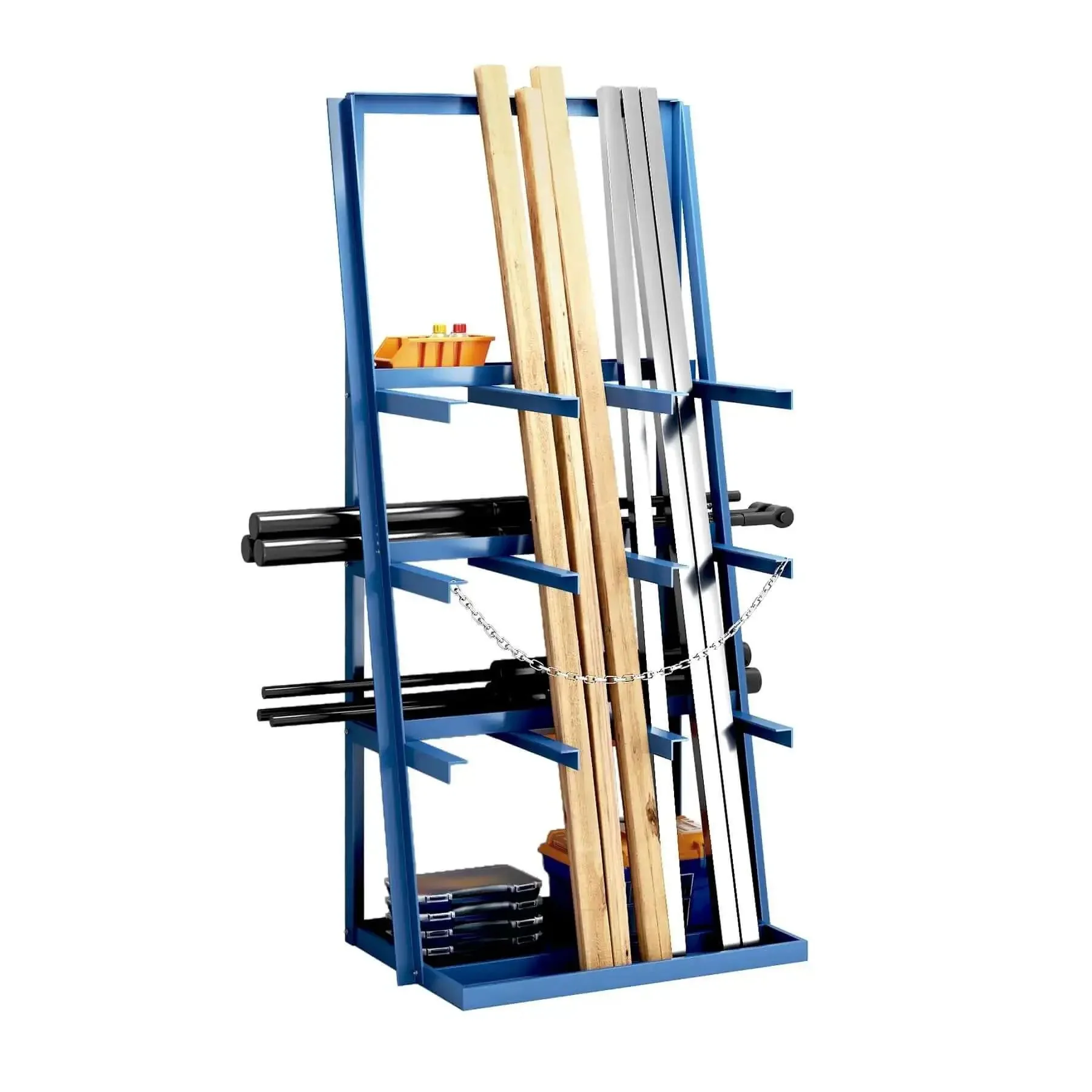 Vertical Bar Rack For Workshop Or Garage, Heavy Duty Pipe And Lumber Storage System With 3000 Lb Capacity, 3 Bay Standing Shelf With Safety Chains, Steel Long Parts Organizer, 39 Inch Deep, 24 Inch Wide, 84 Inch High, Blue