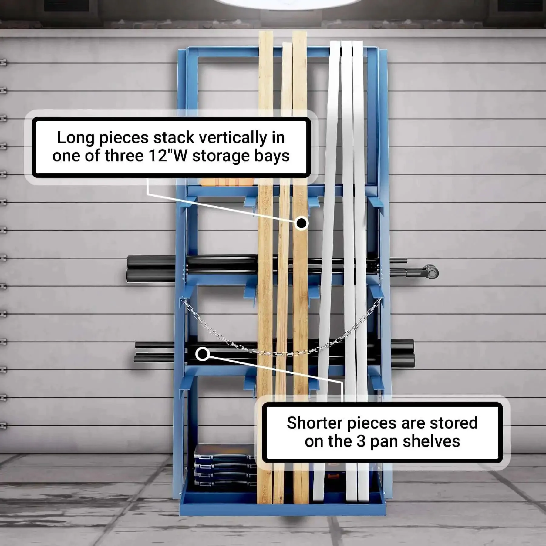 Vertical Bar Rack For Workshop Or Garage, Heavy Duty Pipe And Lumber Storage System With 3000 Lb Capacity, 3 Bay Standing Shelf With Safety Chains, Steel Long Parts Organizer, 39 Inch Deep, 24 Inch Wide, 84 Inch High, Blue - Image 6