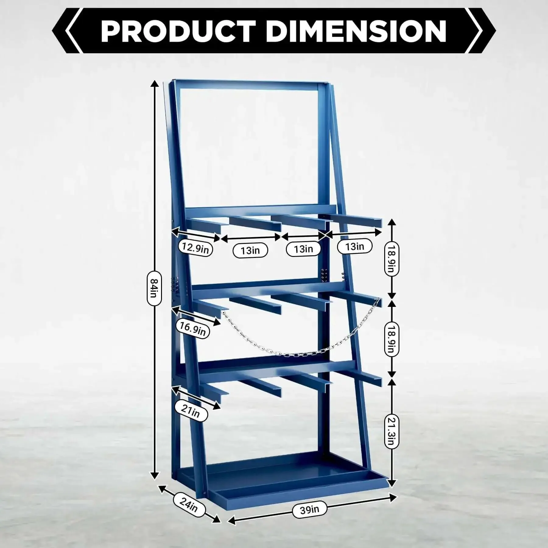 Vertical Bar Rack For Workshop Or Garage, Heavy Duty Pipe And Lumber Storage System With 3000 Lb Capacity, 3 Bay Standing Shelf With Safety Chains, Steel Long Parts Organizer, 39 Inch Deep, 24 Inch Wide, 84 Inch High, Blue - Image 8
