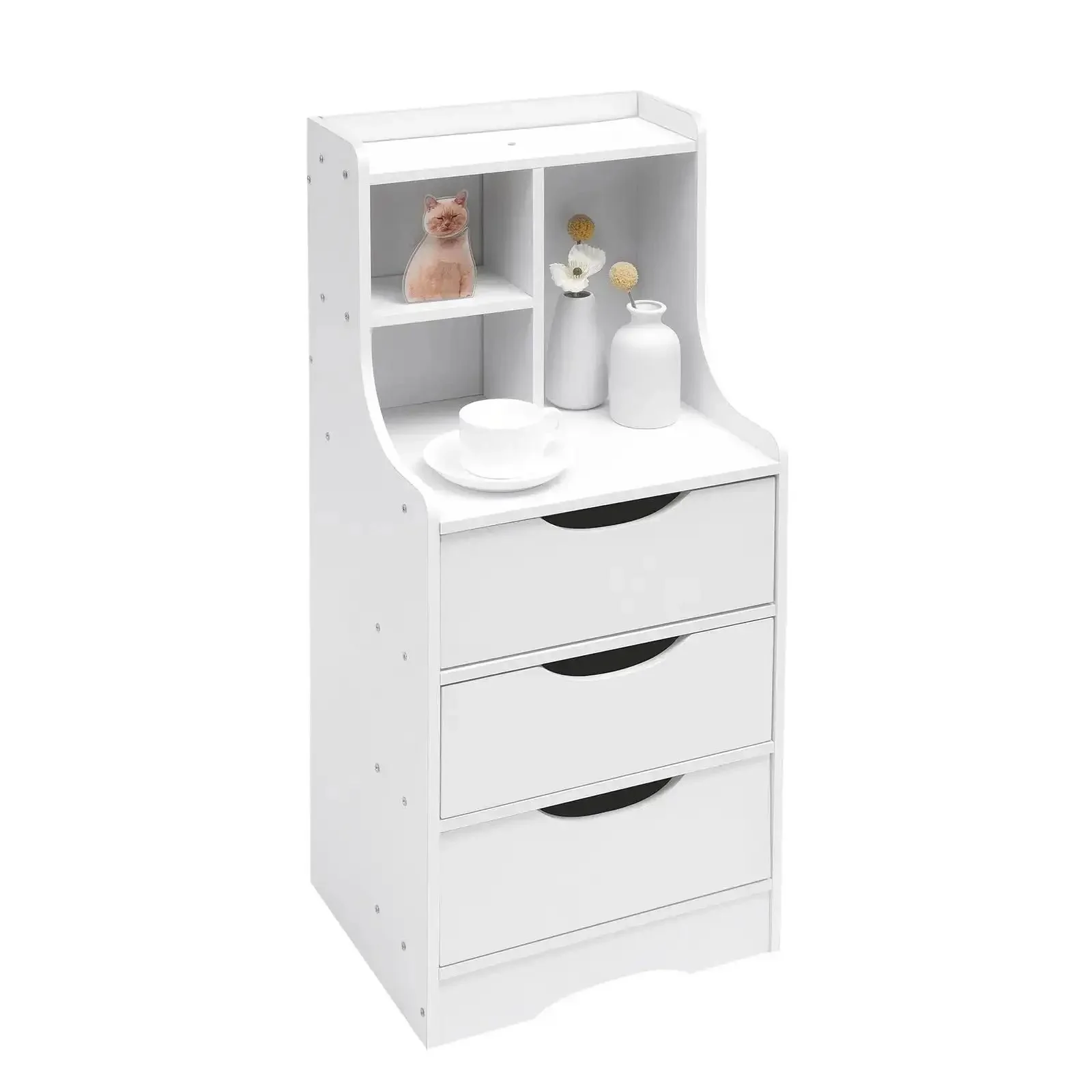 Vertical Bedside Cabinet With Three Drawers And Open Storage Shelf Nightstand End Table For Bedroom White The Must Have Nightstand For Lamps Books Remotes Plants And More