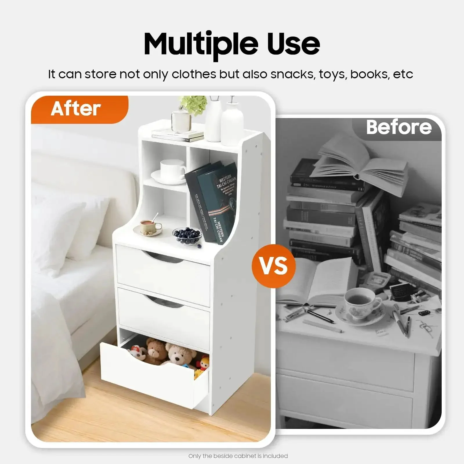 Vertical Bedside Cabinet With Three Drawers And Open Storage Shelf Nightstand End Table For Bedroom White The Must Have Nightstand For Lamps Books Remotes Plants And More - Image 5