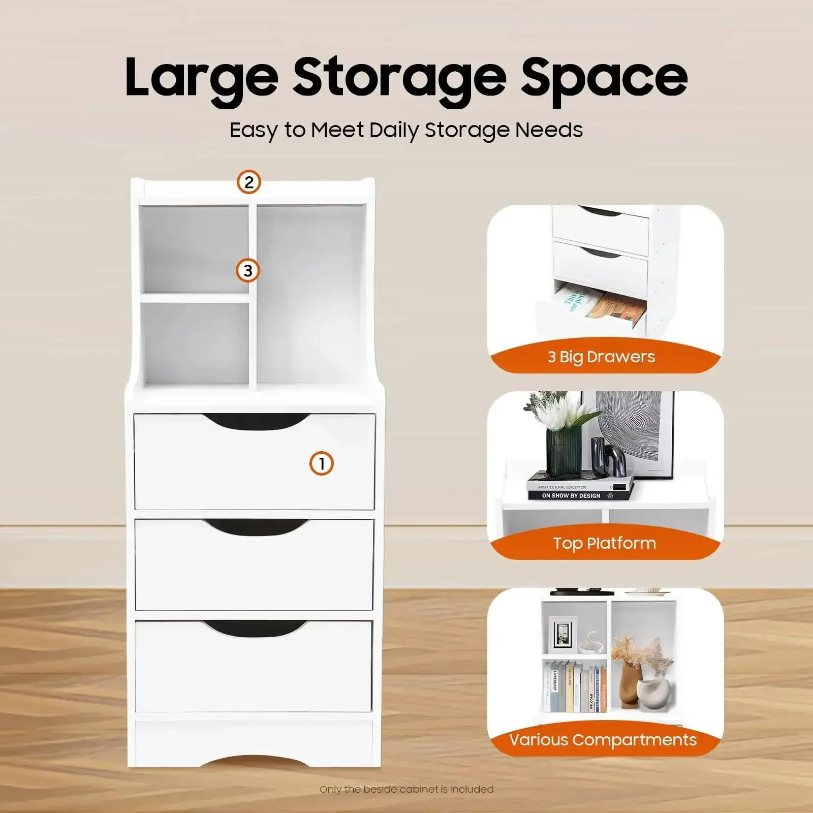 Vertical Bedside Cabinet With Three Drawers And Open Storage Shelf Nightstand End Table For Bedroom White The Must Have Nightstand For Lamps Books Remotes Plants And More - Image 6