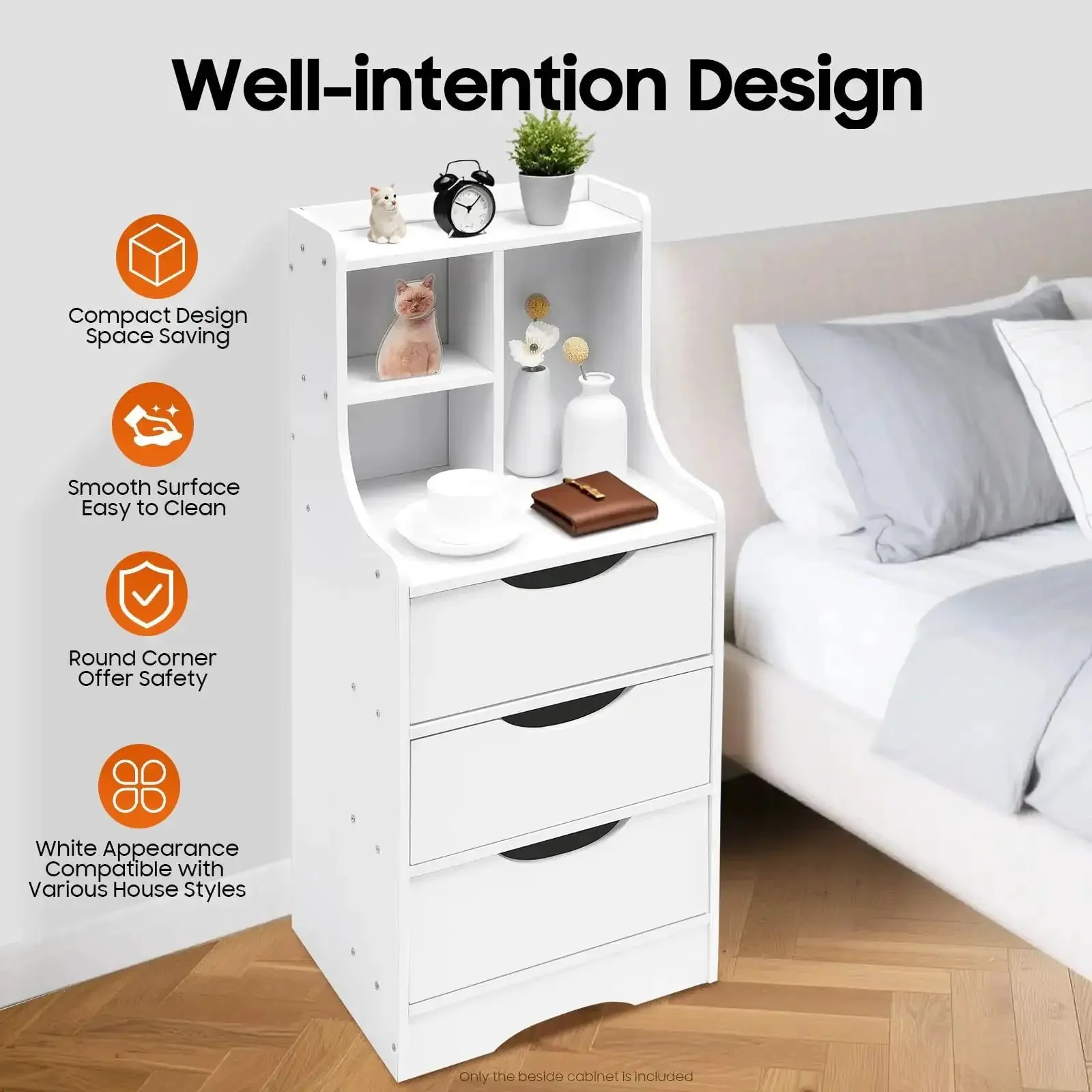 Vertical Bedside Cabinet With Three Drawers And Open Storage Shelf Nightstand End Table For Bedroom White The Must Have Nightstand For Lamps Books Remotes Plants And More - Image 7