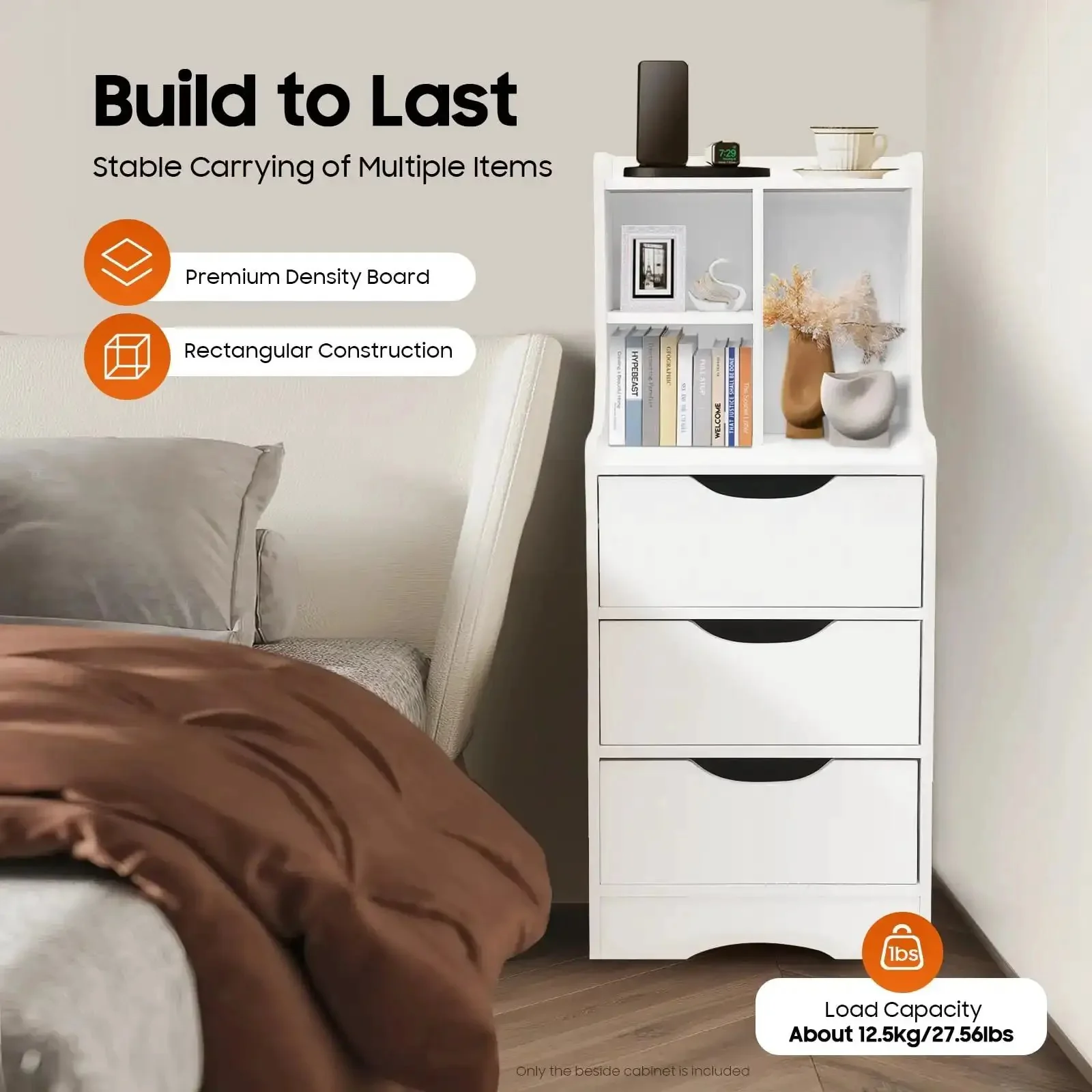 Vertical Bedside Cabinet With Three Drawers And Open Storage Shelf Nightstand End Table For Bedroom White The Must Have Nightstand For Lamps Books Remotes Plants And More - Image 8