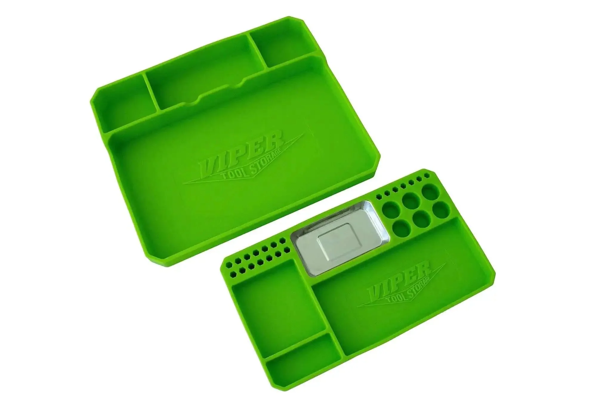 Viper 2 Piece Flexible Silicone Tool Organizer Tray Set Lime Green With Magnetic Small Parts Tray And Large Workspace Tray For Home Garage Diy Projects