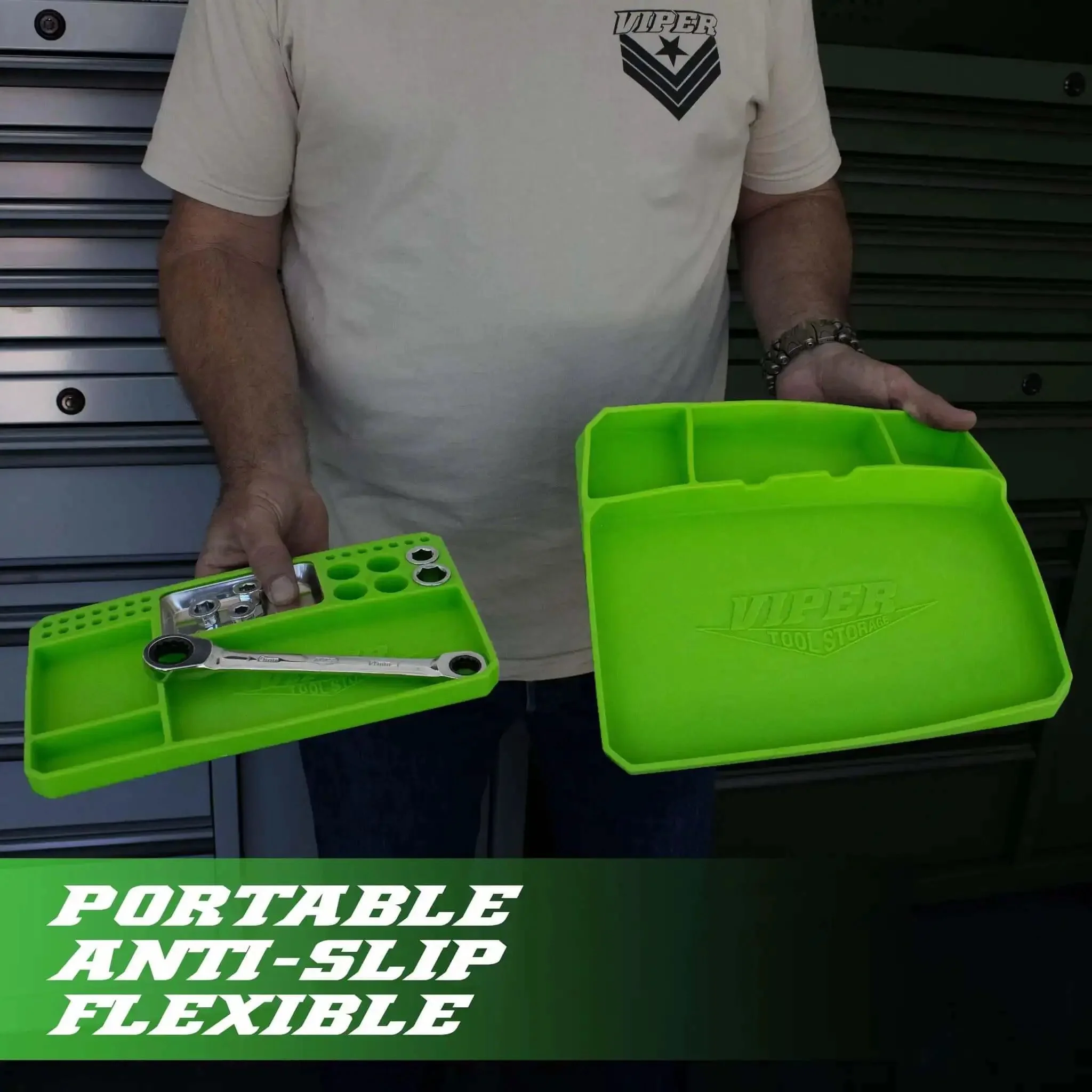 Viper 2 Piece Flexible Silicone Tool Organizer Tray Set Lime Green With Magnetic Small Parts Tray And Large Workspace Tray For Home Garage Diy Projects - Image 2