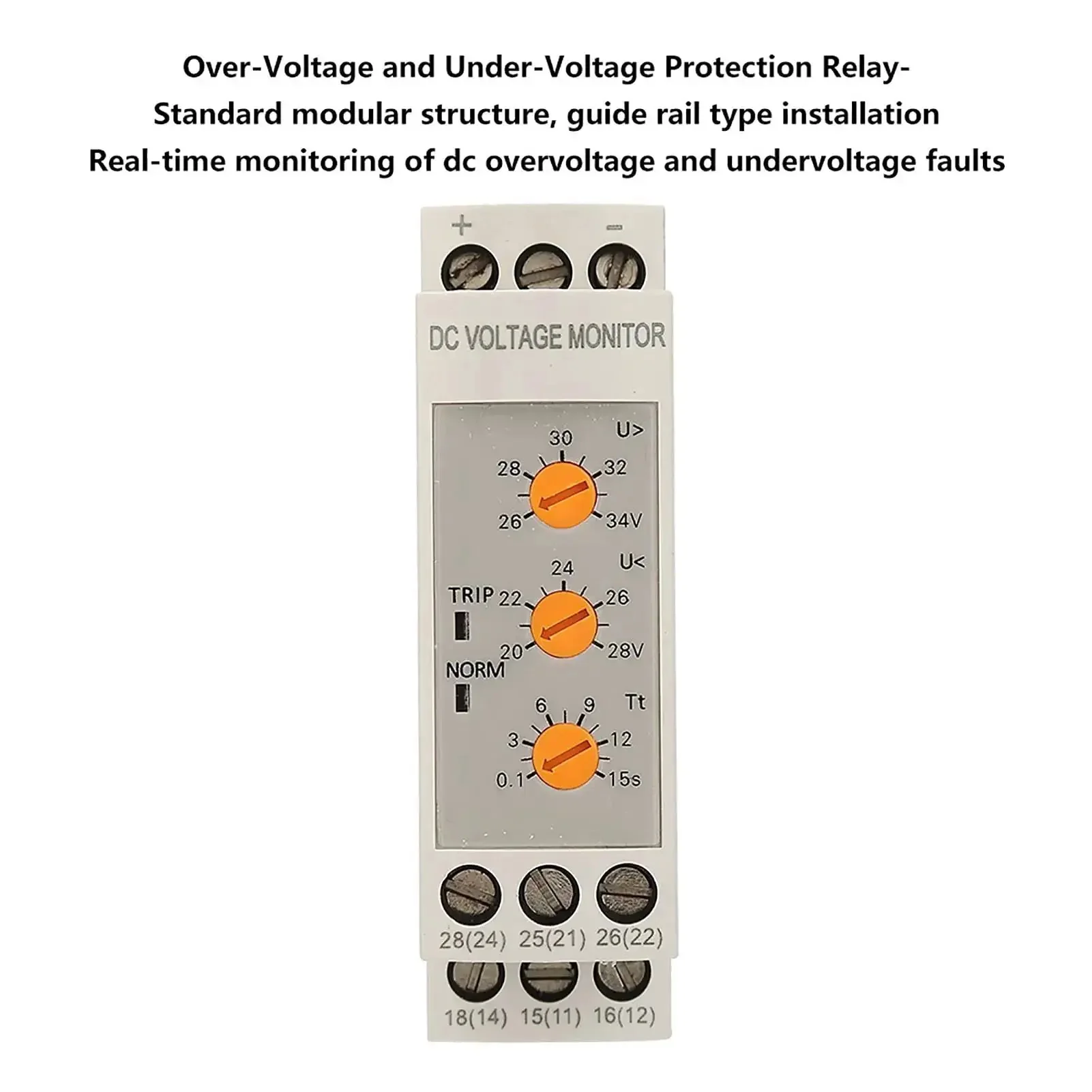 Voltage Monitoring Relay With Adjustable Over And Under Voltage Protection Delay Timer 35mm DIN Rail Mount DC 24V For Solar Setups Real Time Monitoring Dual Normally Open And Closed Contacts Indicator Lights - Image 4