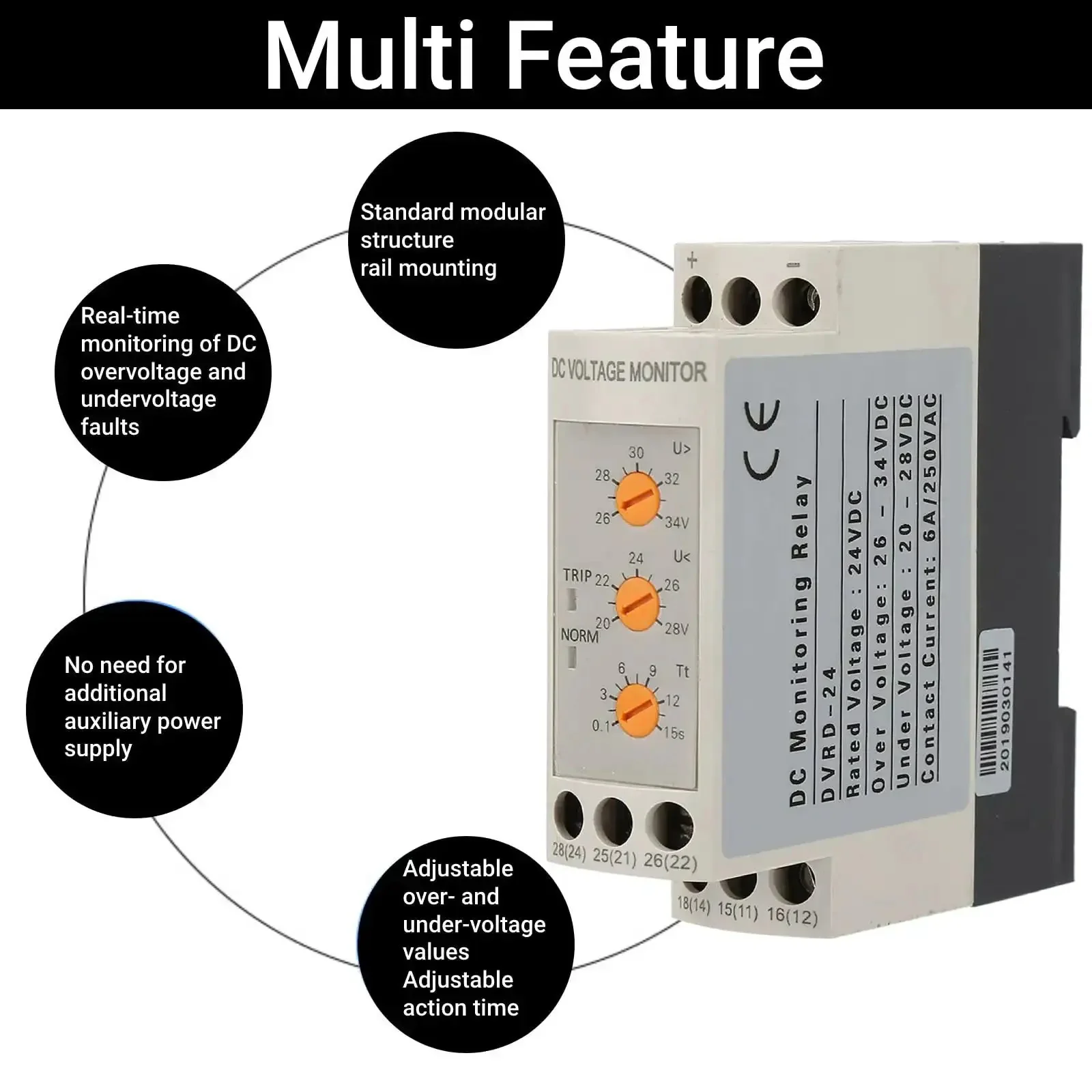 Voltage Monitoring Relay With Adjustable Over And Under Voltage Protection Delay Timer 35mm DIN Rail Mount DC 24V For Solar Setups Real Time Monitoring Dual Normally Open And Closed Contacts Indicator Lights - Image 7