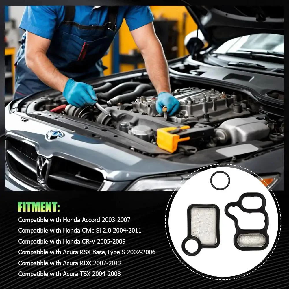 VVT VTEC Solenoid Gasket Kit With Valve Cover Gasket Set And Spool Valve Filter Screen, Engine Seal Replacement For Honda Civic Accord CR-V, 15845-RAA-A01 15815-RAA-A02, Durable Oil Resistant OEM Grade Upgrade - Image 3