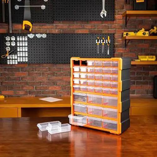 Wall Mount Cabinet Organizer With 39 Drawers And Removable Dividers, Doubles Capacity To 78 Compartments For Hardware, Craft Supplies, And Small Parts, DIY Friendly, Black And Orange Plastic Garage Storage System, 15 By 6.3 By 18.6 Inches - Image 3