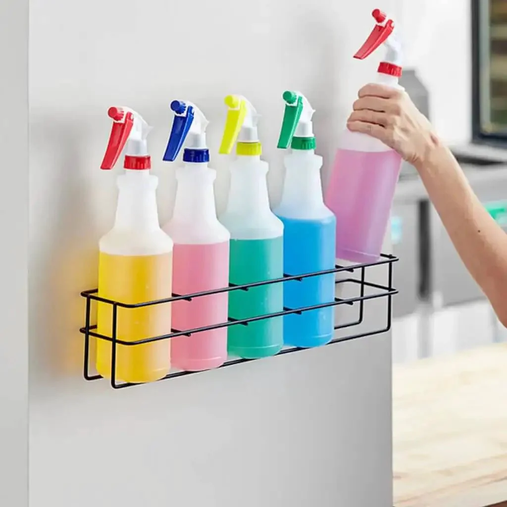 Wall Mount Spray Bottle Rack For Up To Five 32 Oz Bottles, Tough As Nails Heavy Duty Steel Holder For Cleaning, Chemicals Or Detailing Bottles, Space Saving Organizer For Garage Shop And Janitorial Use