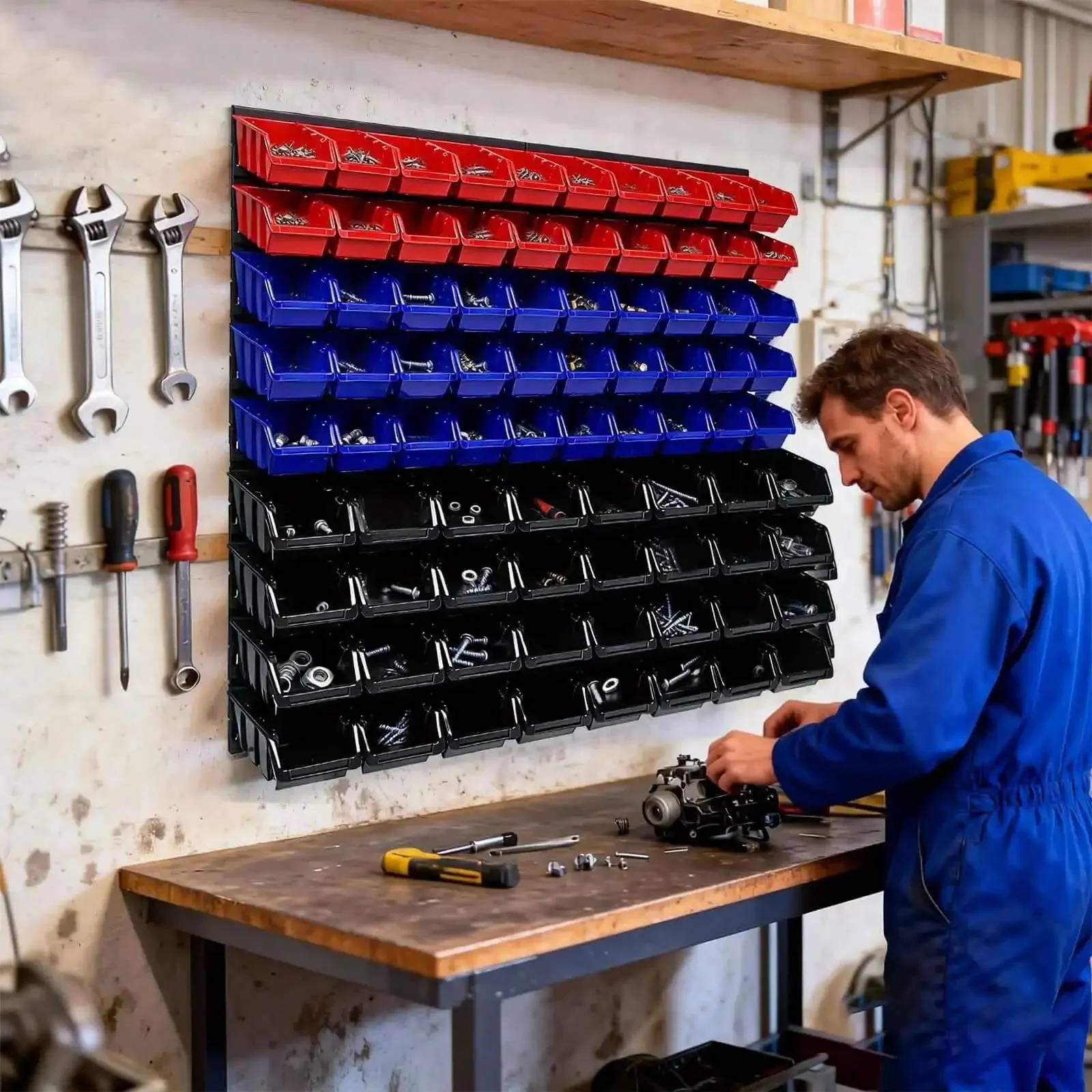 Wall Mounted Garage Storage Bin Kit 94 Piece Organization System With 32 Large Black Bins 30 Small Blue Bins 20 Small Red Bins 12 ABS Boards Mounting Hardware Space Saving 30.7 Inch Square Wall Grid For Nuts Bolts Small Parts - Image 2