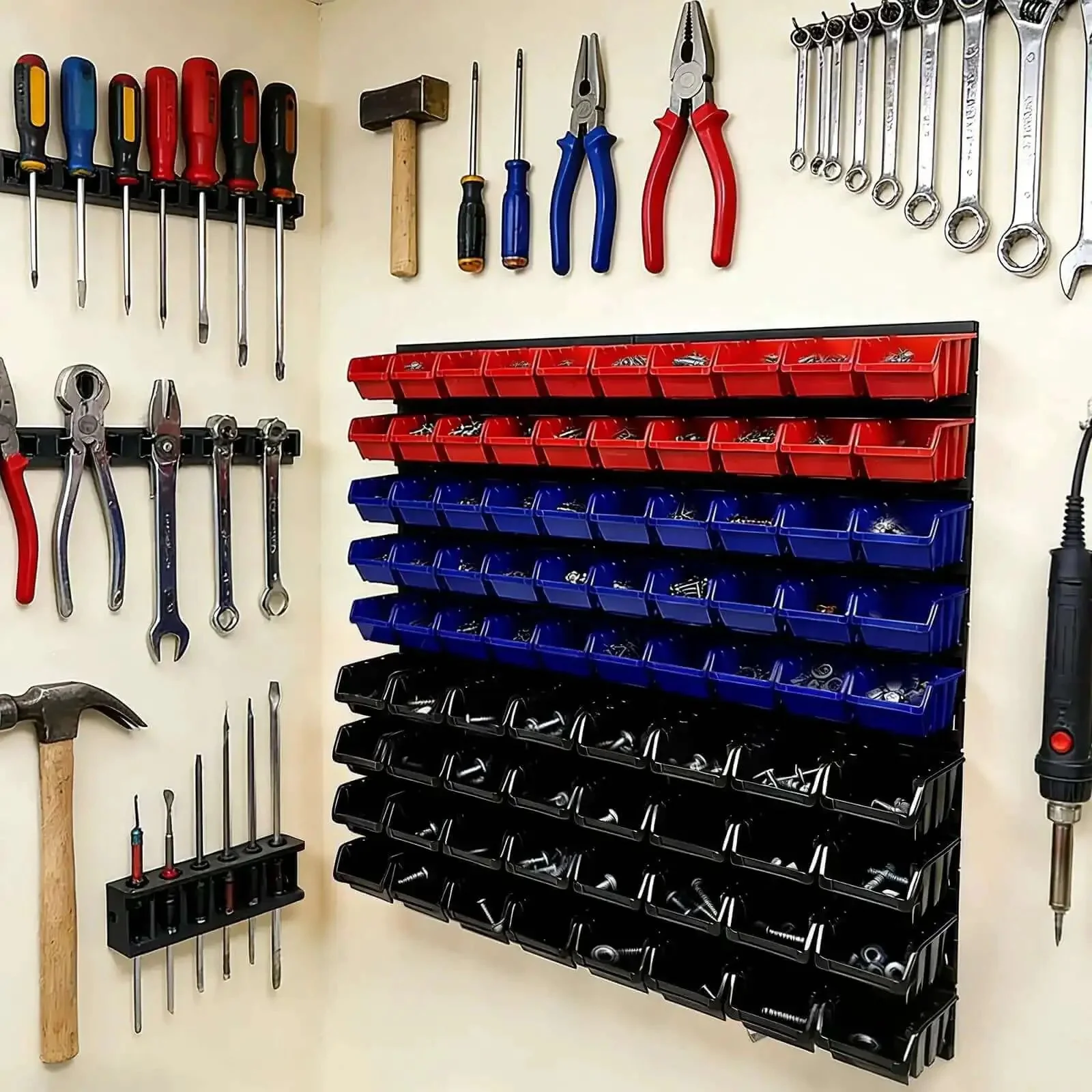 Wall Mounted Garage Storage Bin Kit 94 Piece Organization System With 32 Large Black Bins 30 Small Blue Bins 20 Small Red Bins 12 ABS Boards Mounting Hardware Space Saving 30.7 Inch Square Wall Grid For Nuts Bolts Small Parts - Image 4