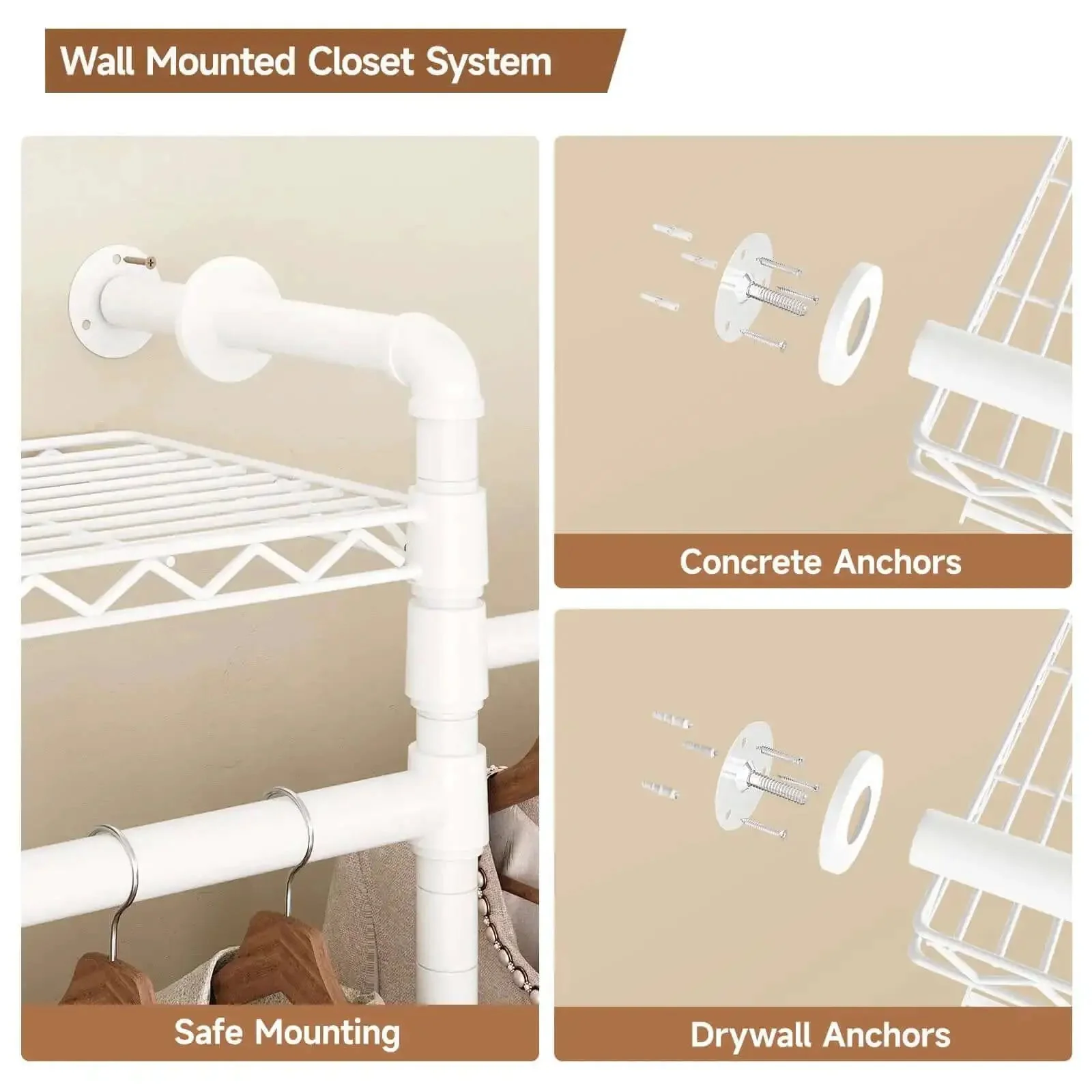 Wall Mounted Garment Rack and Closet System With Two Expandable Rods Six Adjustable Shelves Industrial Pipe Style Metal Shelving in White Heavy Duty Walk In Closet Organizer Easy Install Durable Clothes Storage Solution - Image 3